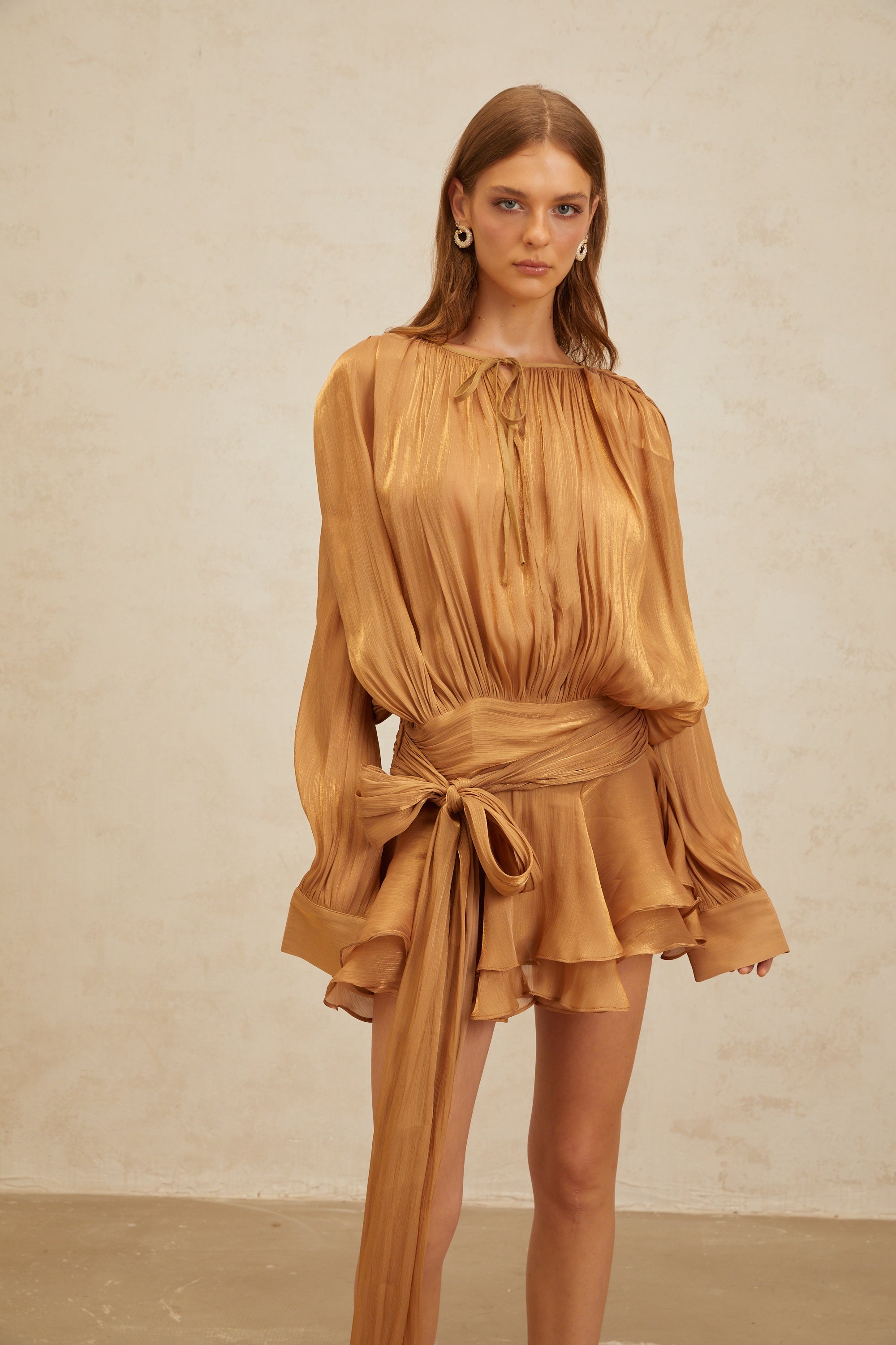 Eugénie Gold Fully Pleated Ruffled Mini Dress (Final Sale-US Only)