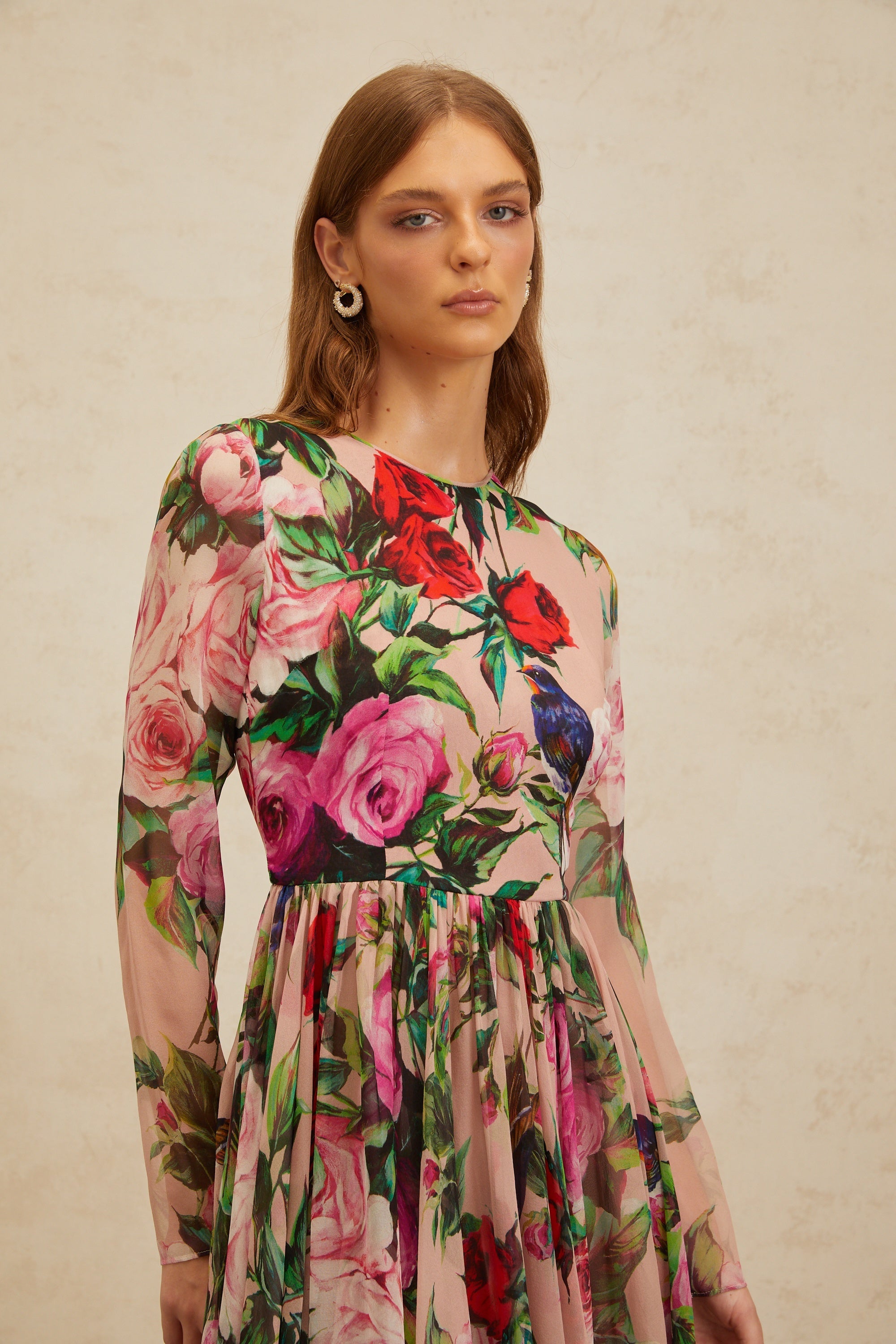 Coralie Pink Rose Print Summer Silk Midi Dress (Final Sale-US Only)
