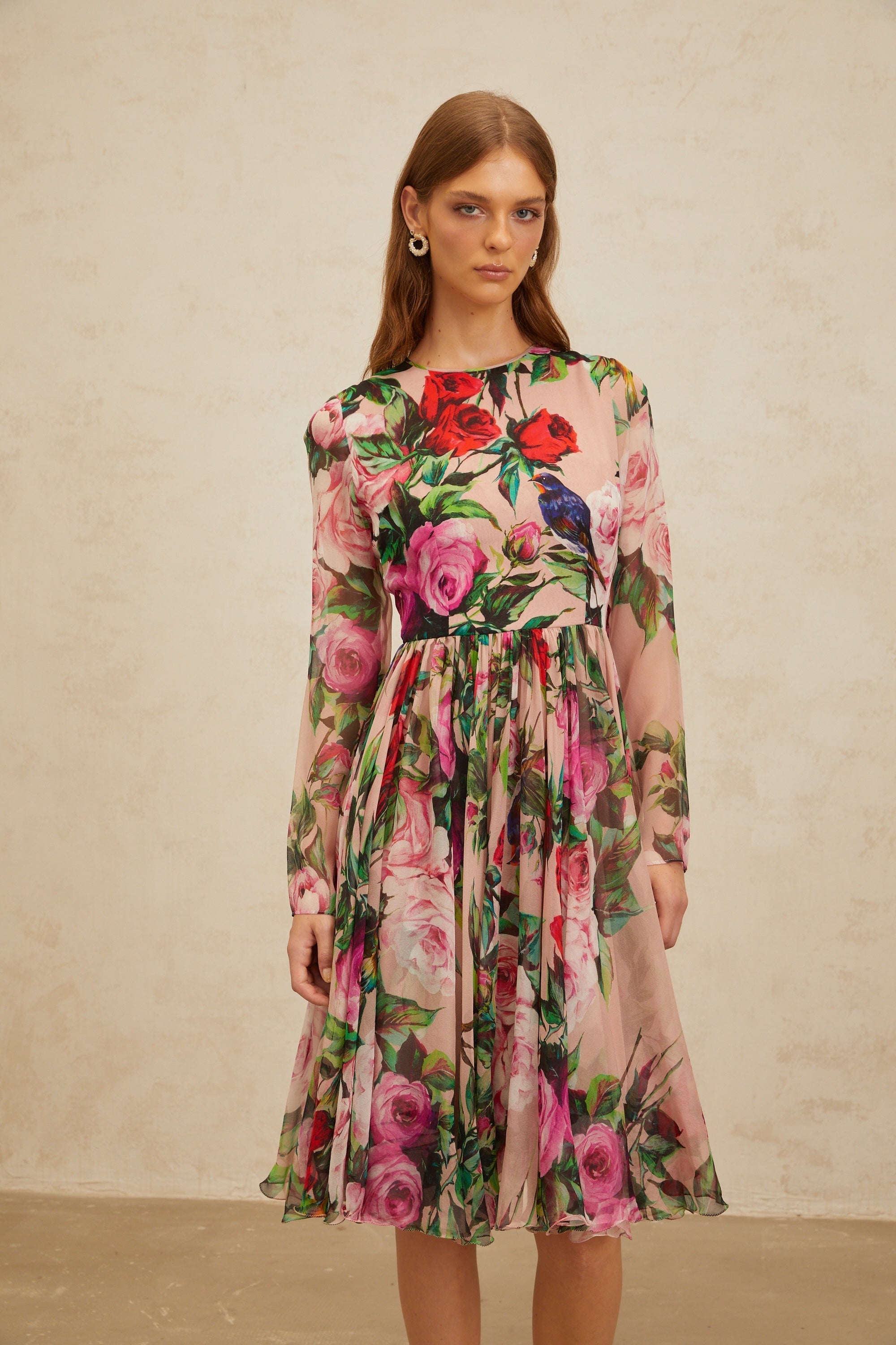 Coralie Pink Rose Print Summer Silk Midi Dress (Final Sale-US Only)