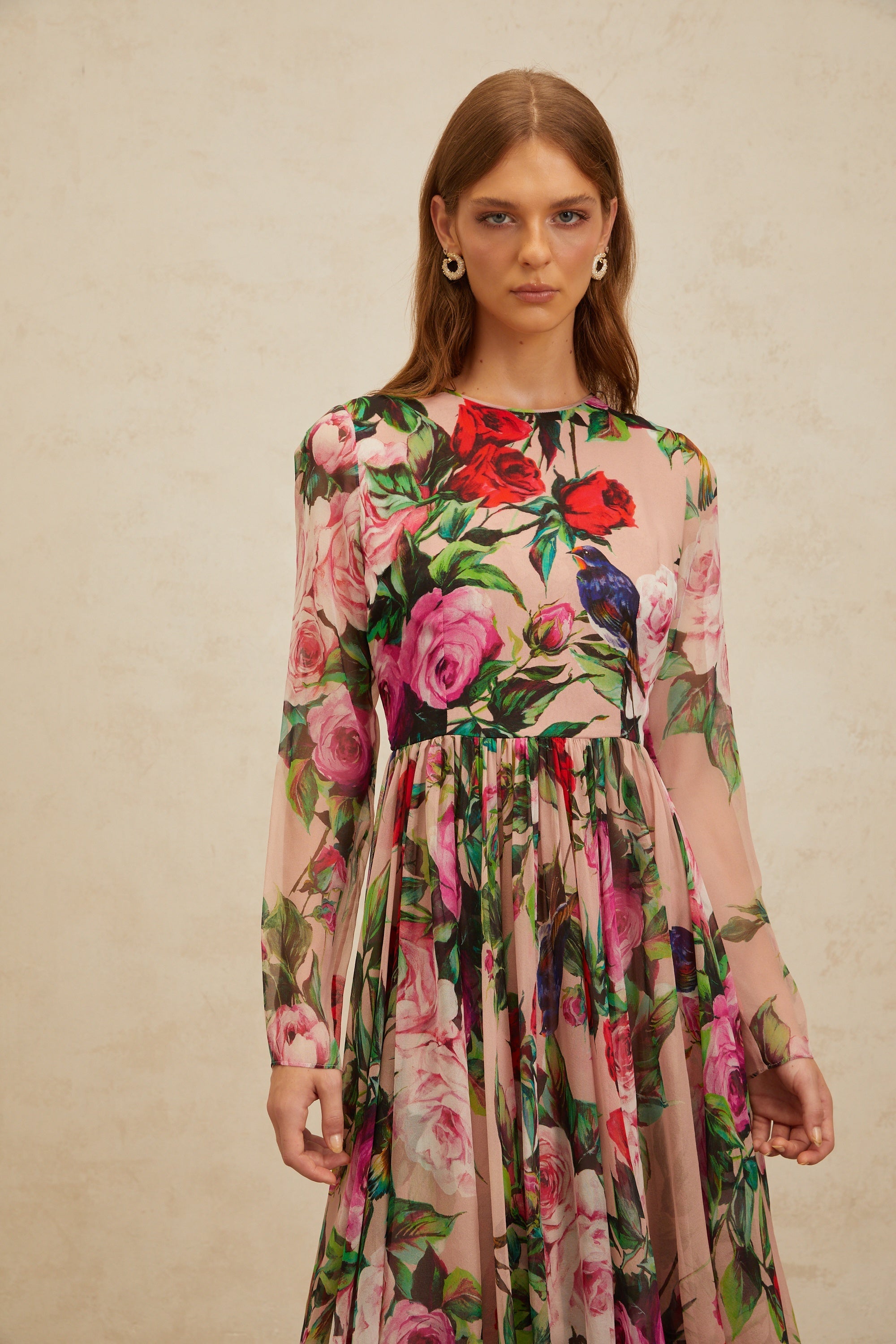 Coralie Pink Rose Print Summer Silk Midi Dress (Final Sale-US Only)