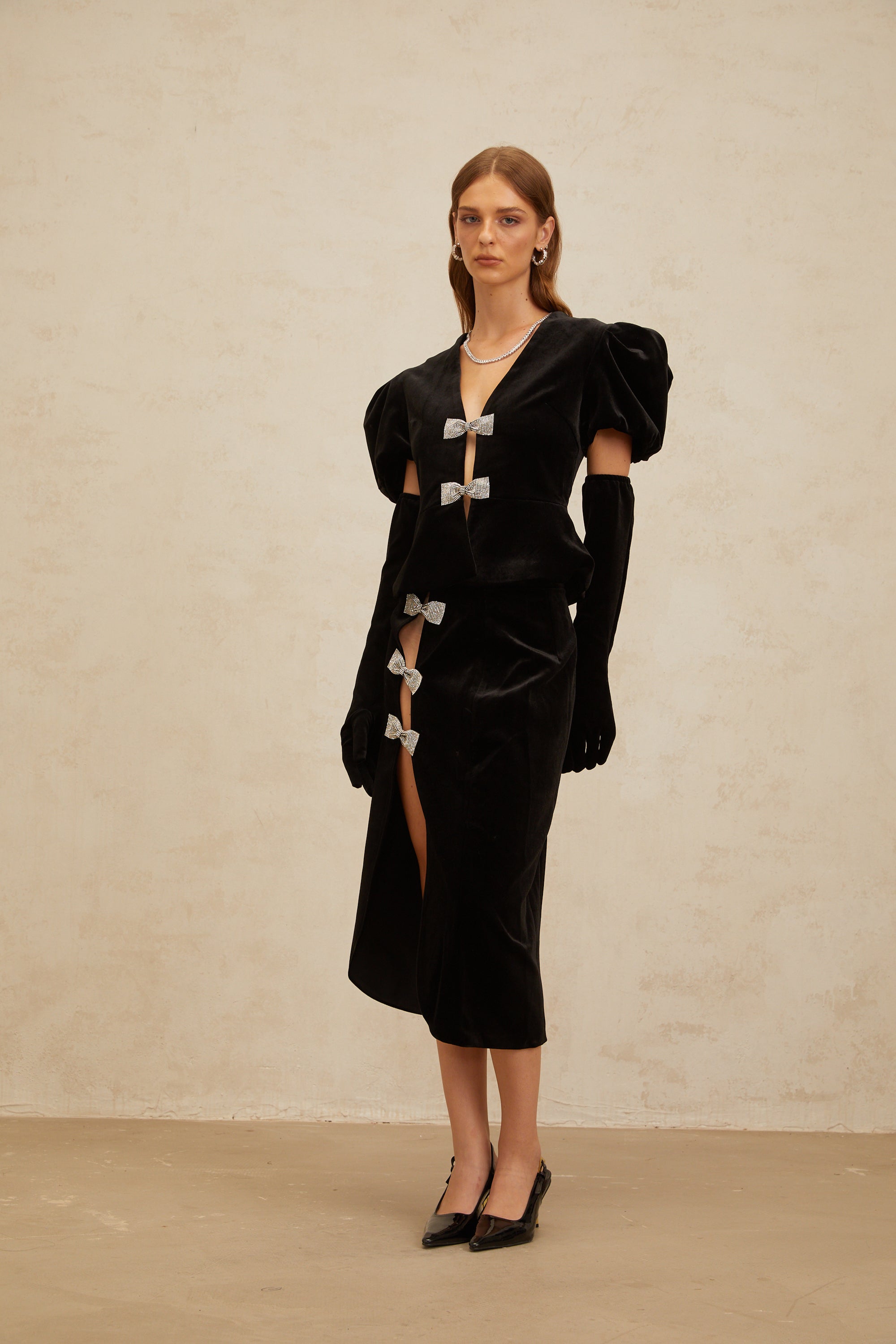 Adèle Black Bowknot Cut-Out Velvet Top & Skirt Matching Set (Final Sale-US Only)