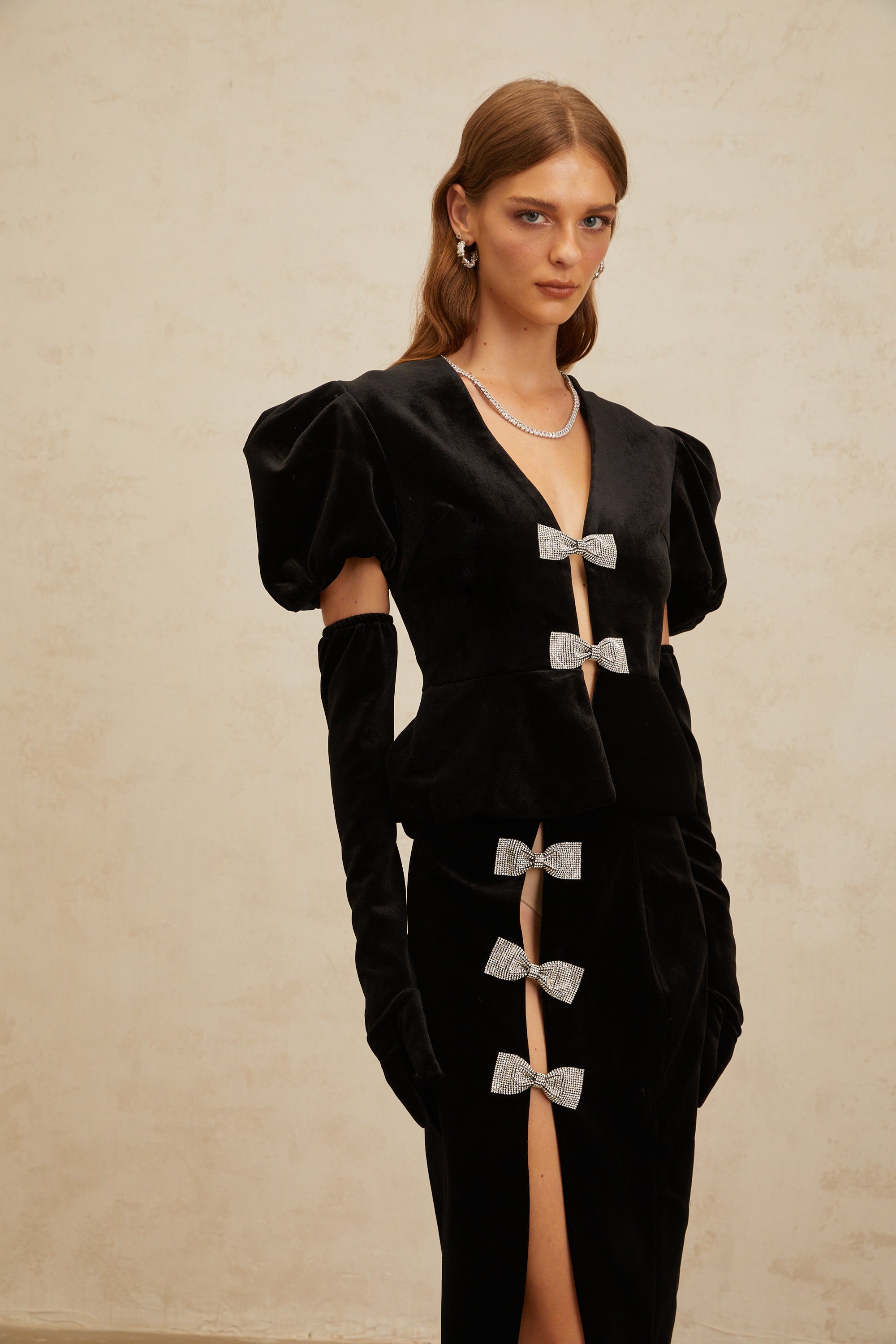 Adèle Black Bowknot Cut-Out Velvet Top & Skirt Matching Set (Final Sale-US Only)