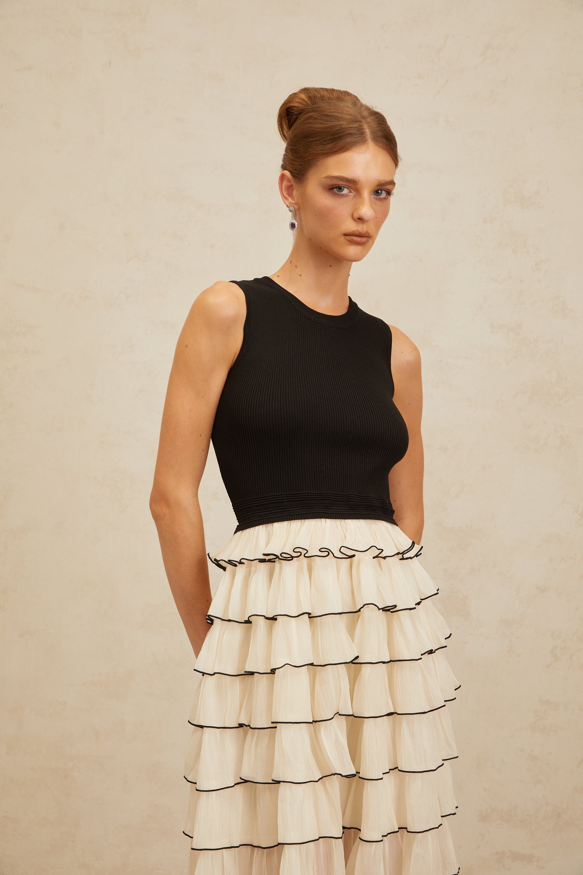 Anouk Contrast Color Tiered Panelled Midi Dress (Final Sale-US Only)