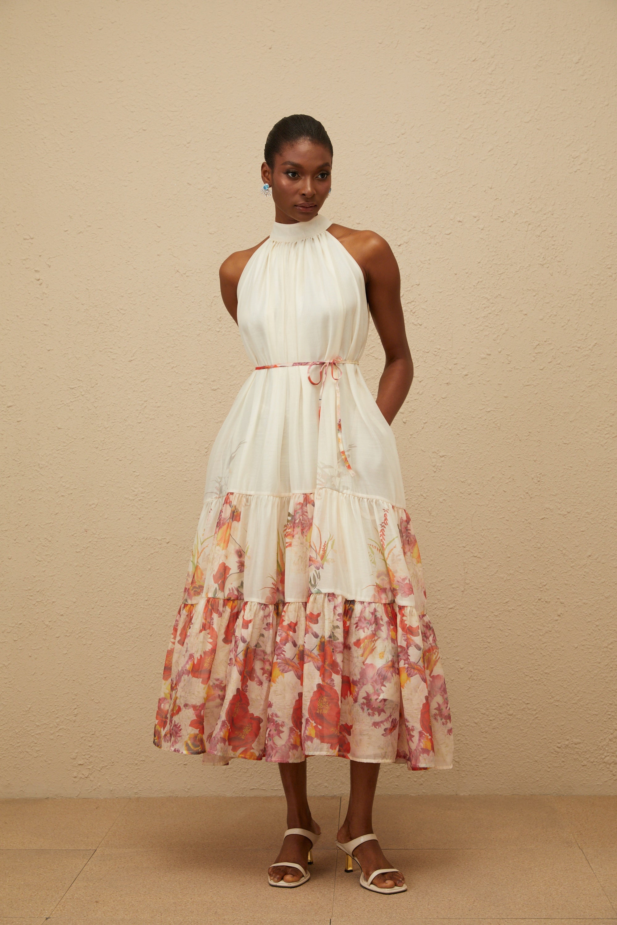 Fleur Neutral Shirred Floral Midi Dress (Final Sale-US Only)