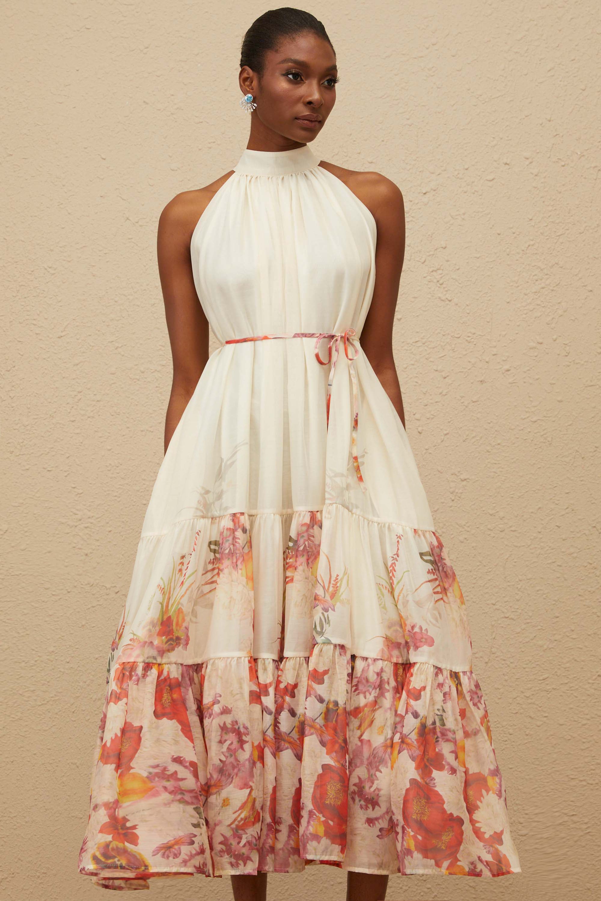 Fleur Neutral Shirred Floral Midi Dress (Final Sale-US Only)