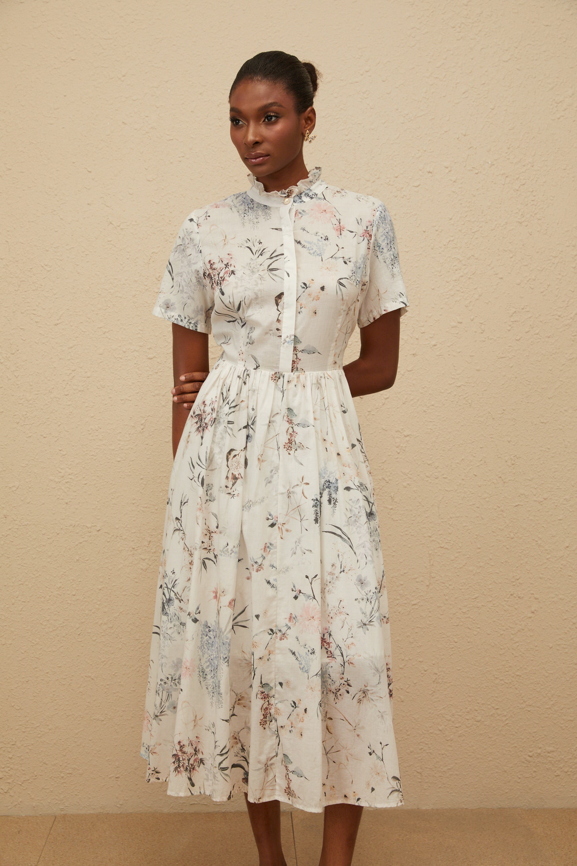 Héloïse White Floral Print Summer Midi Dress (Final Sale)
