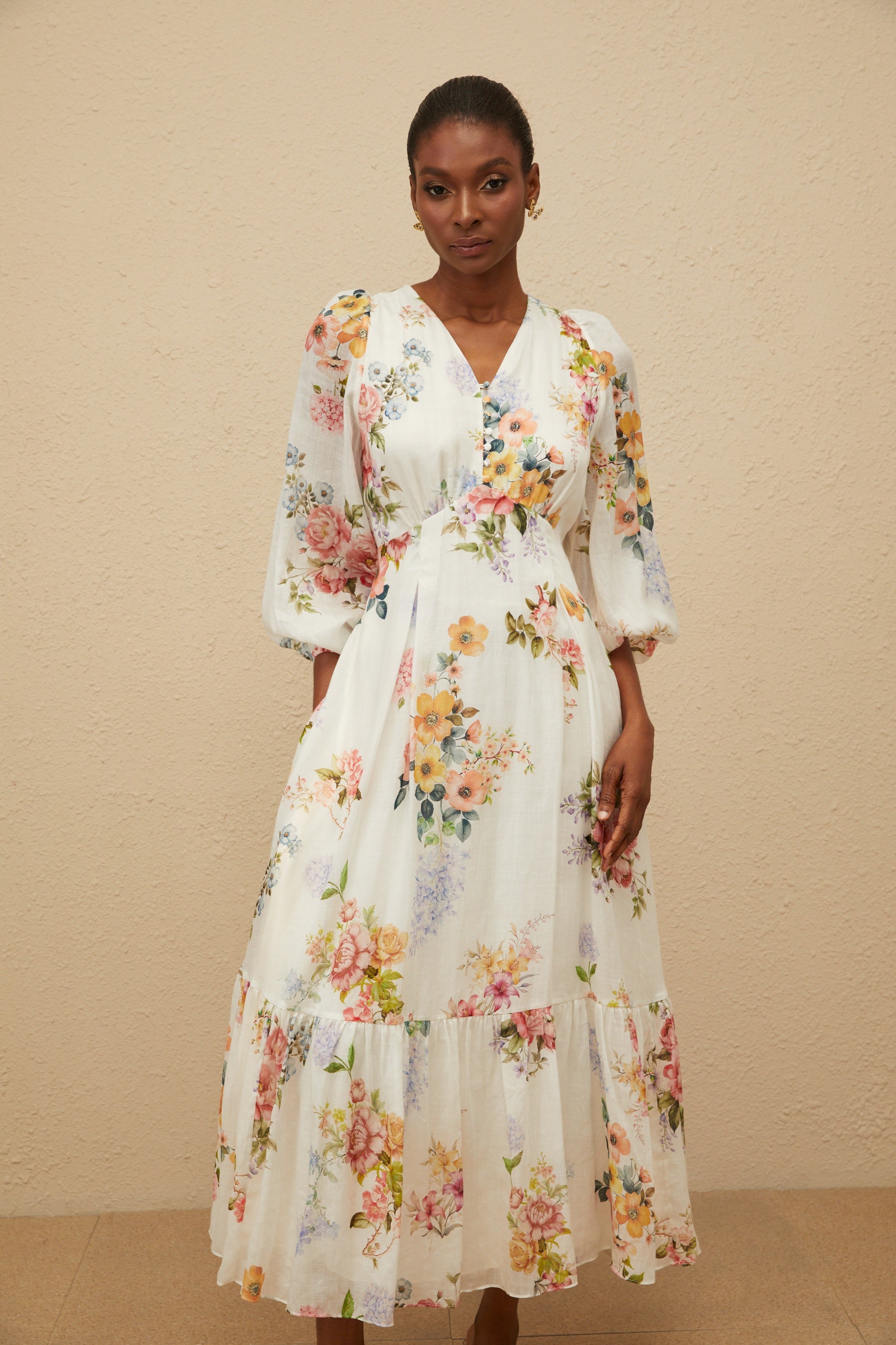 Noémie White Floral Print V-Neck Midi Dress (Final Sale)