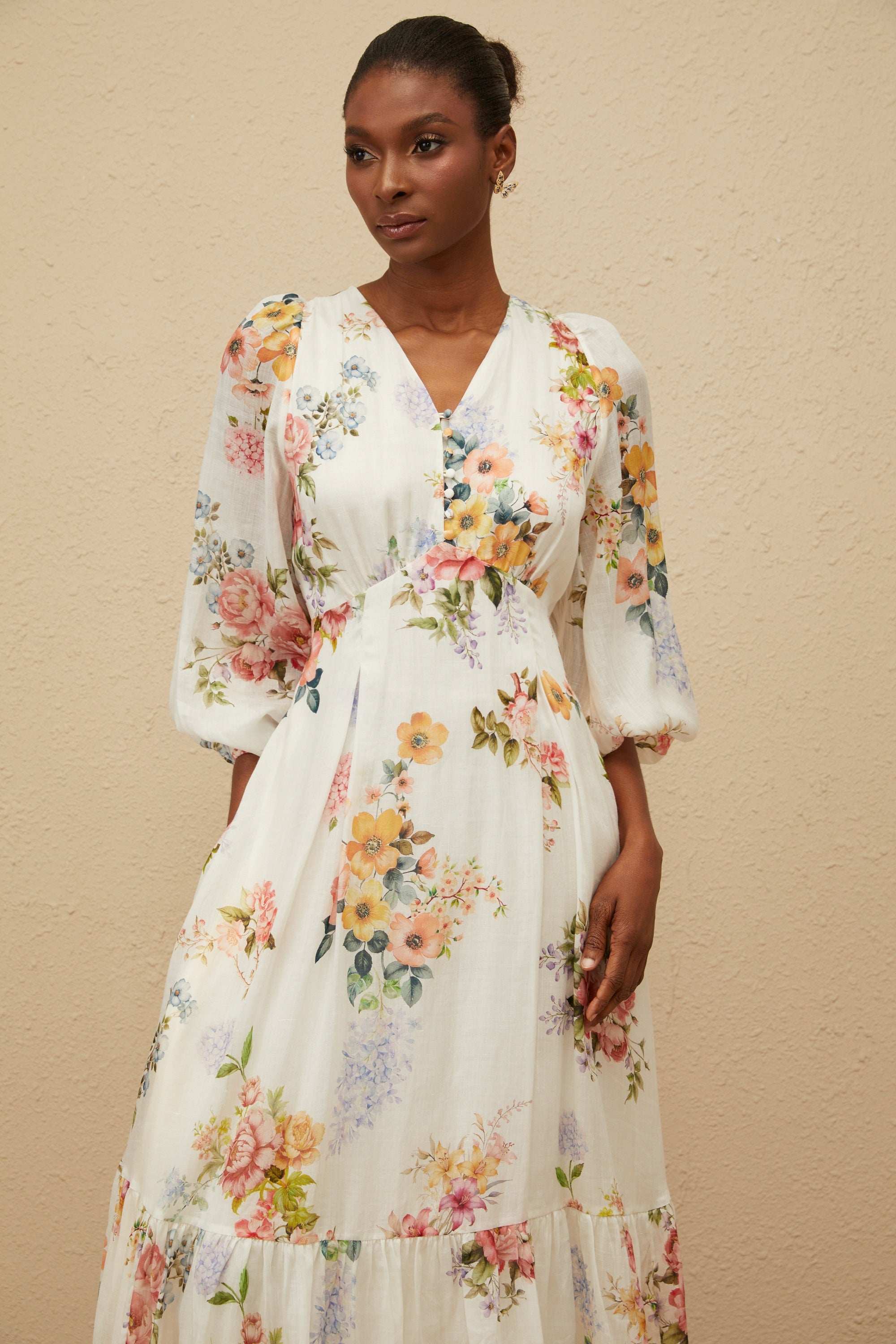 Noémie White Floral Print V-Neck Midi Dress (Final Sale)
