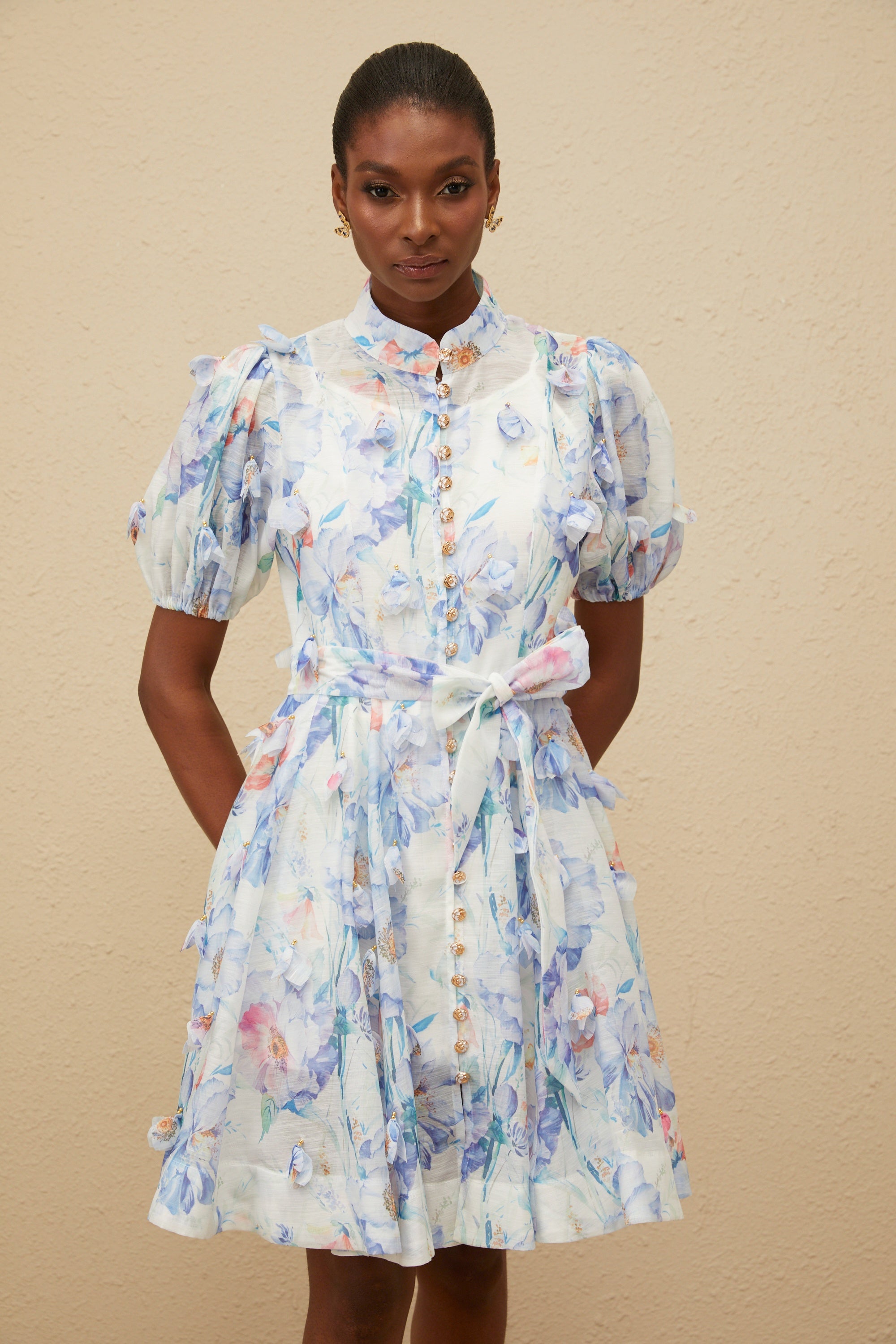 Pétunia Blue Shirred Floral Mini Dress