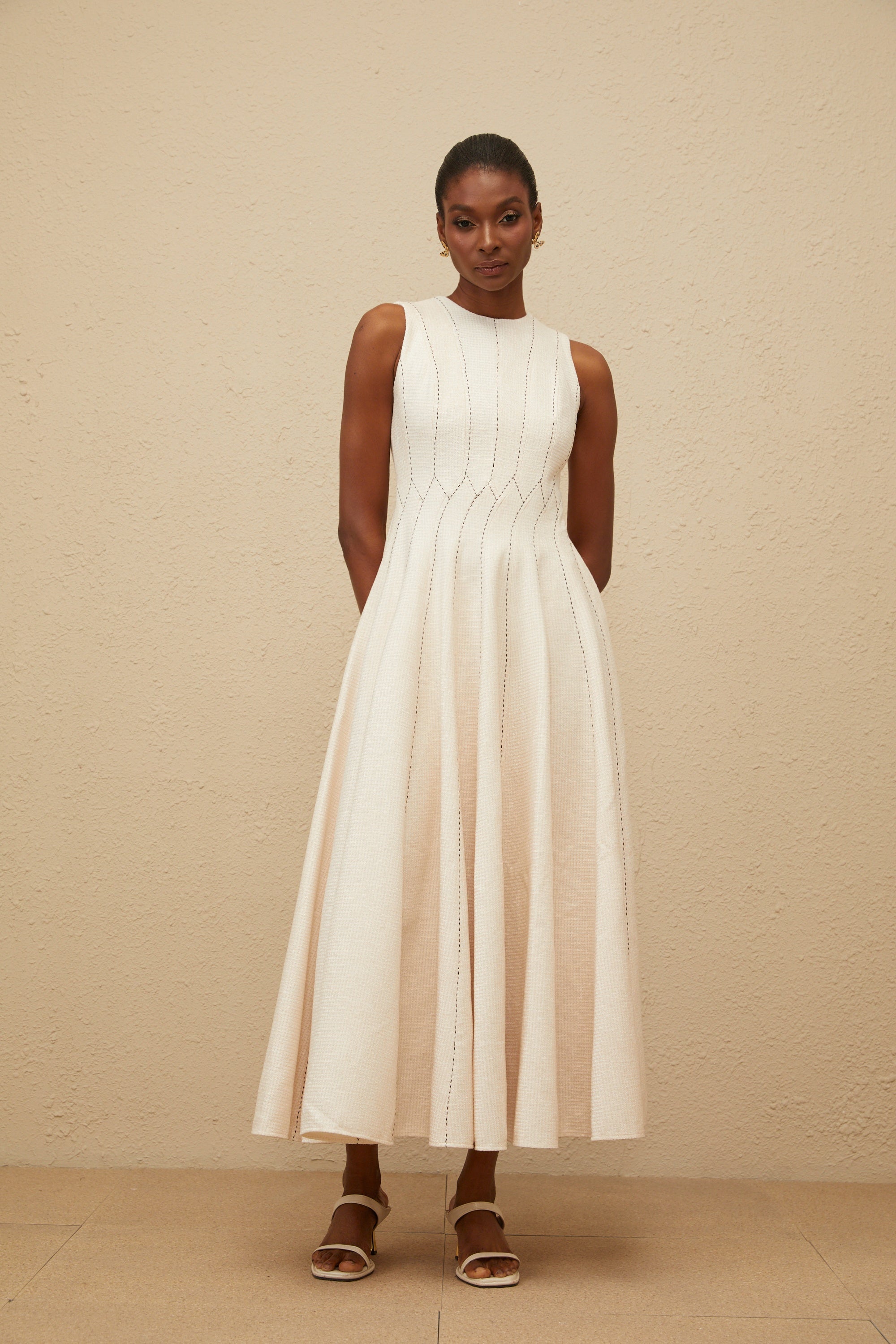 Délicatesse Neutral Shirred Textured Midi Dress (Final Sale-US Only)