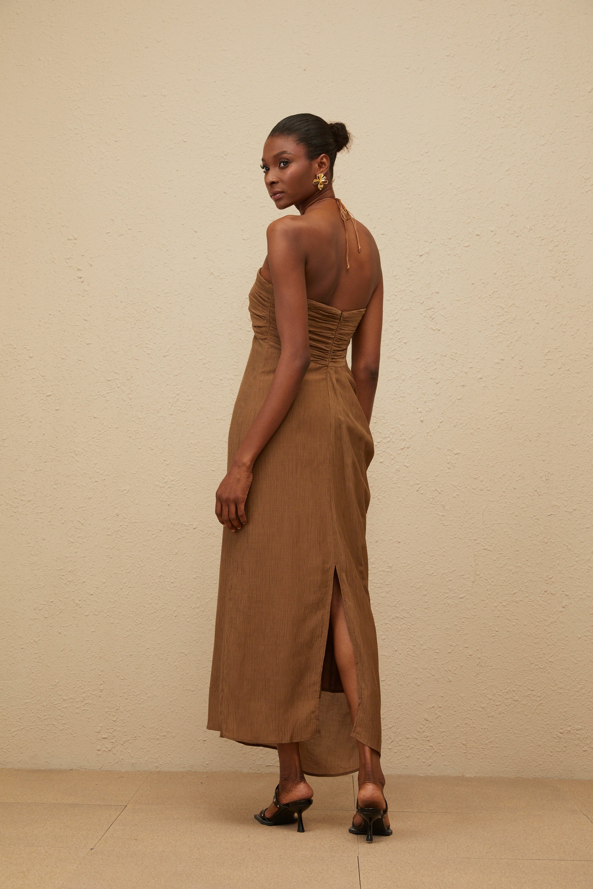 Ludivine Brown Ruched Maxi Dress with Beaded Straps