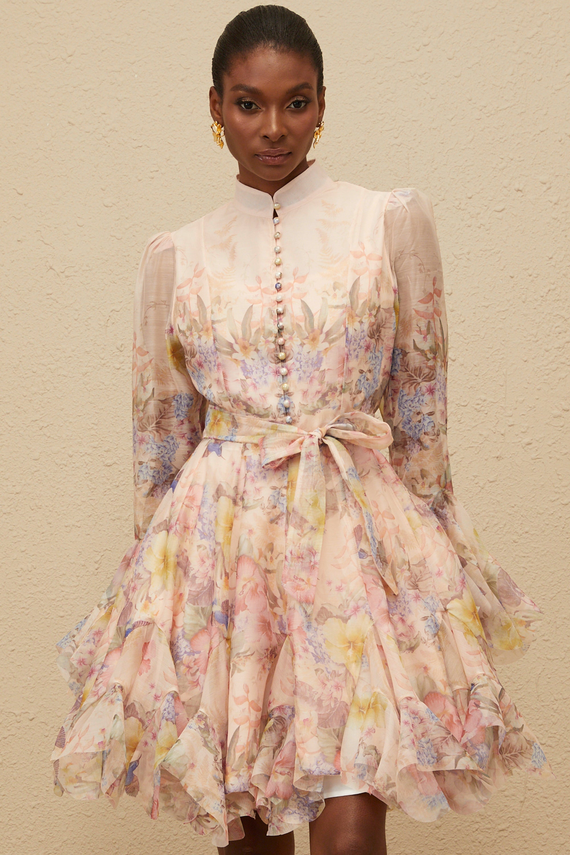 Pink Godet Floral Mini Dress