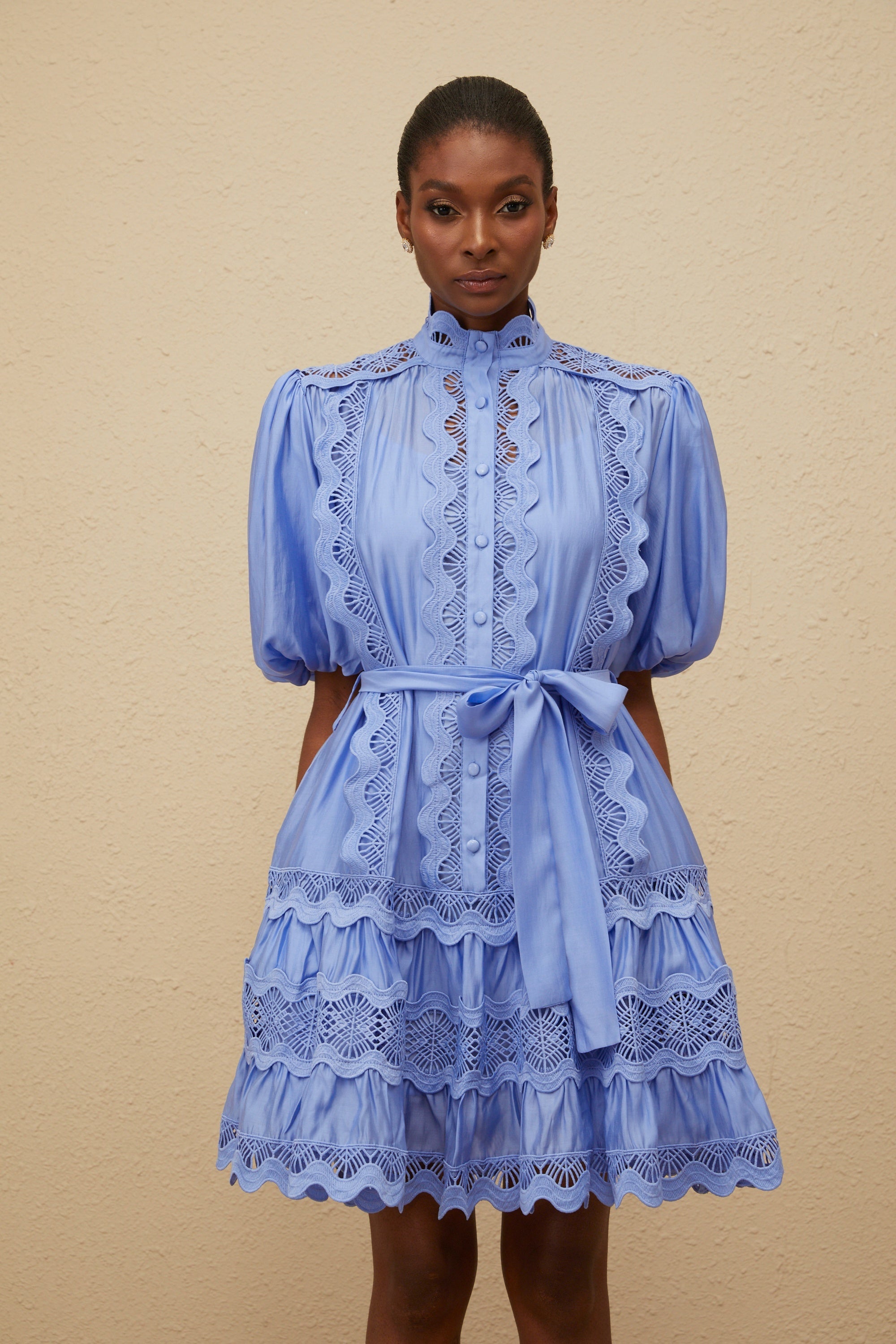 Poema Blue Tiered Motif Embroidered Mini Dress (Final Sale-US Only)