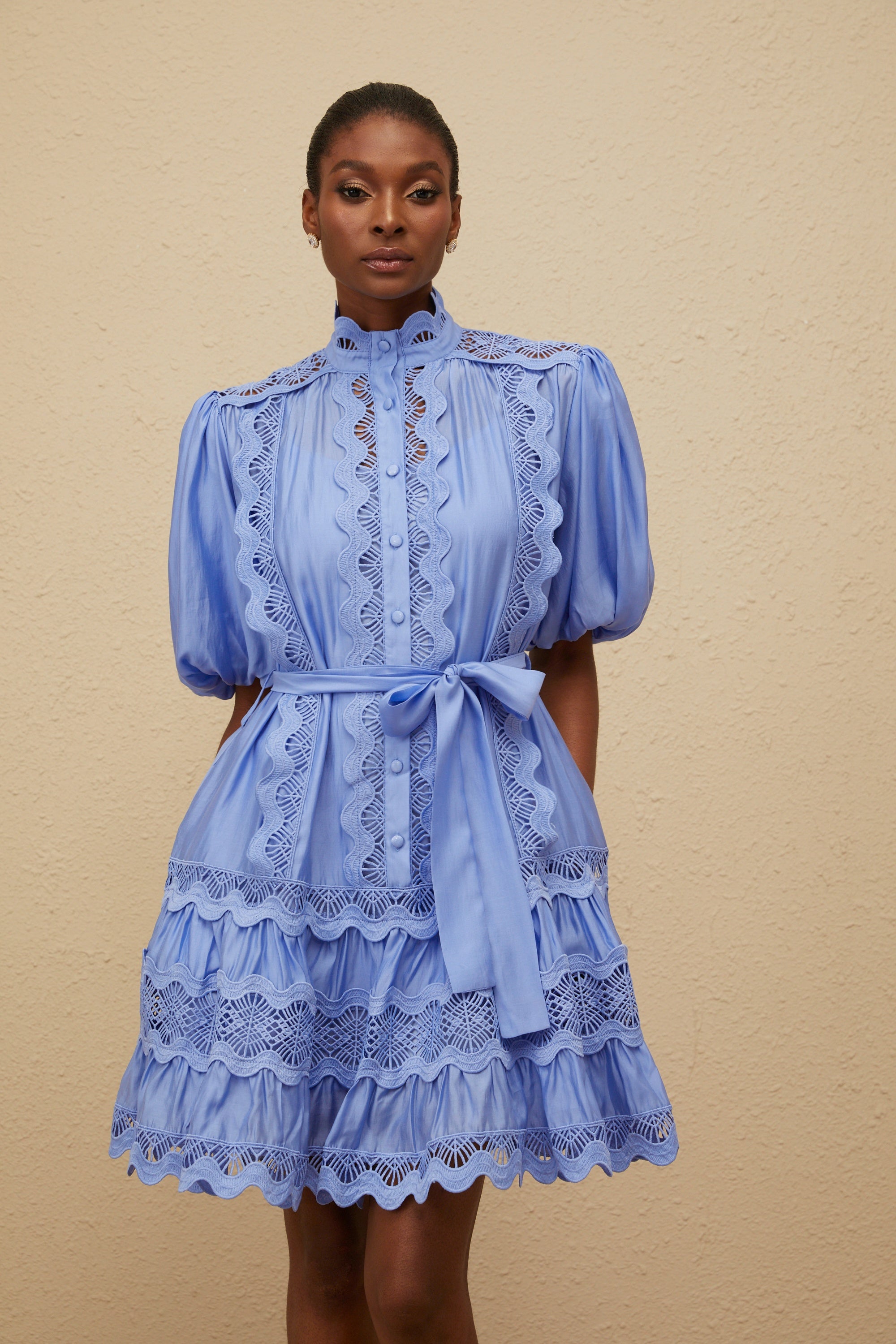 Poema Blue Tiered Motif Embroidered Mini Dress (Final Sale-US Only)