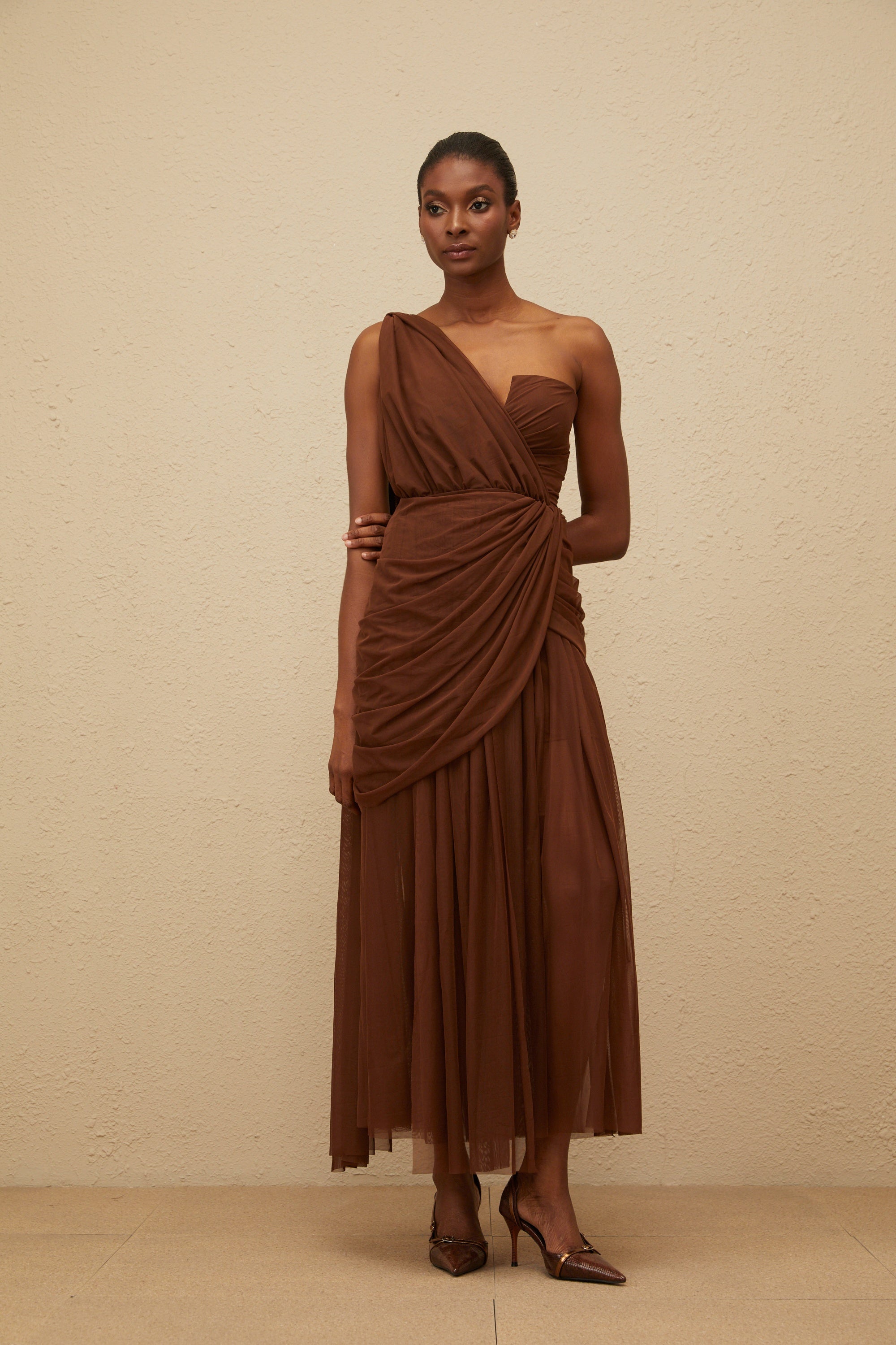 Agathe Brown Asymmetrical Evening Maxi Gown (Final Sale)