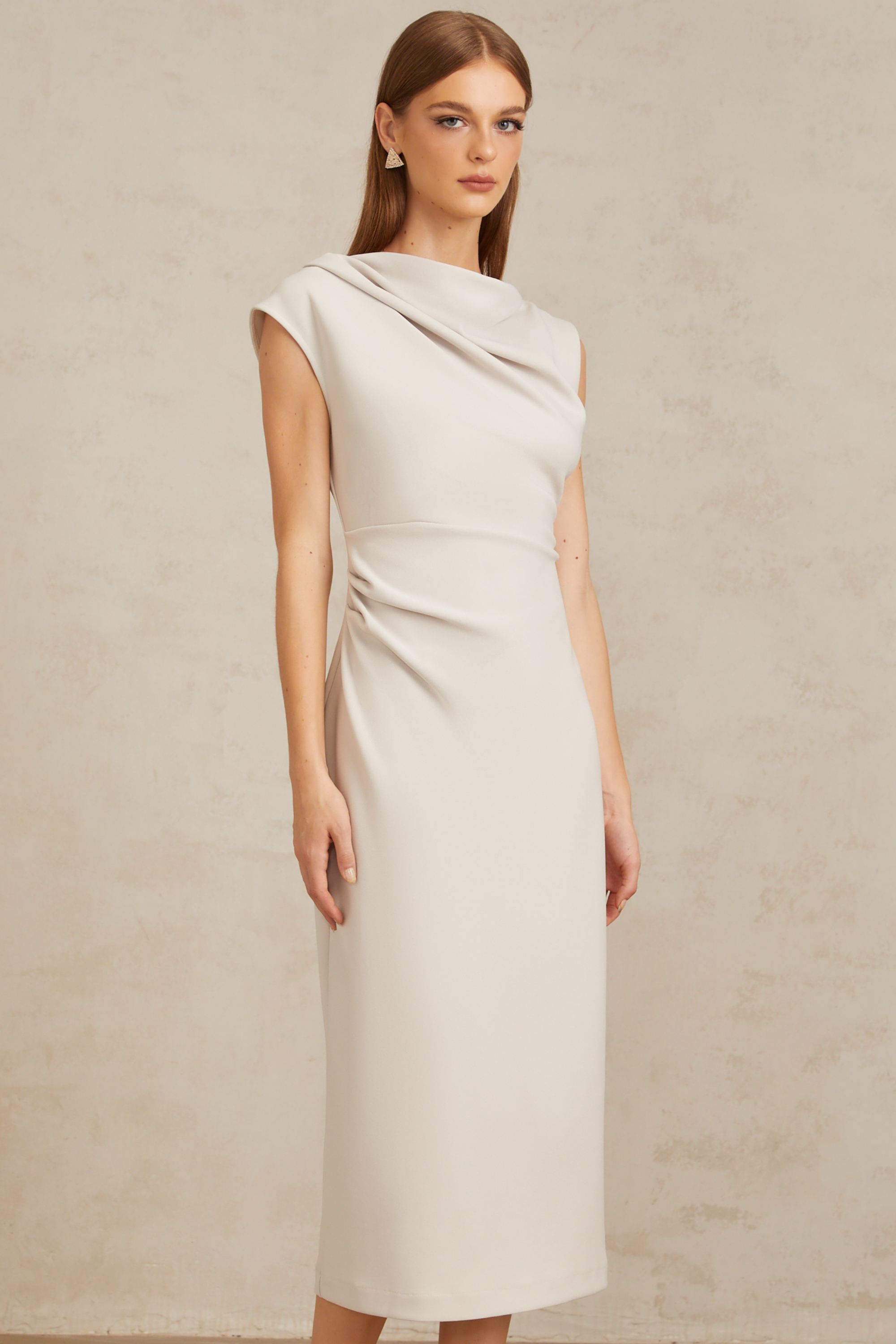 Jeanne Grey Ruched Pencil Midi Dress (Final Sale-US Only)