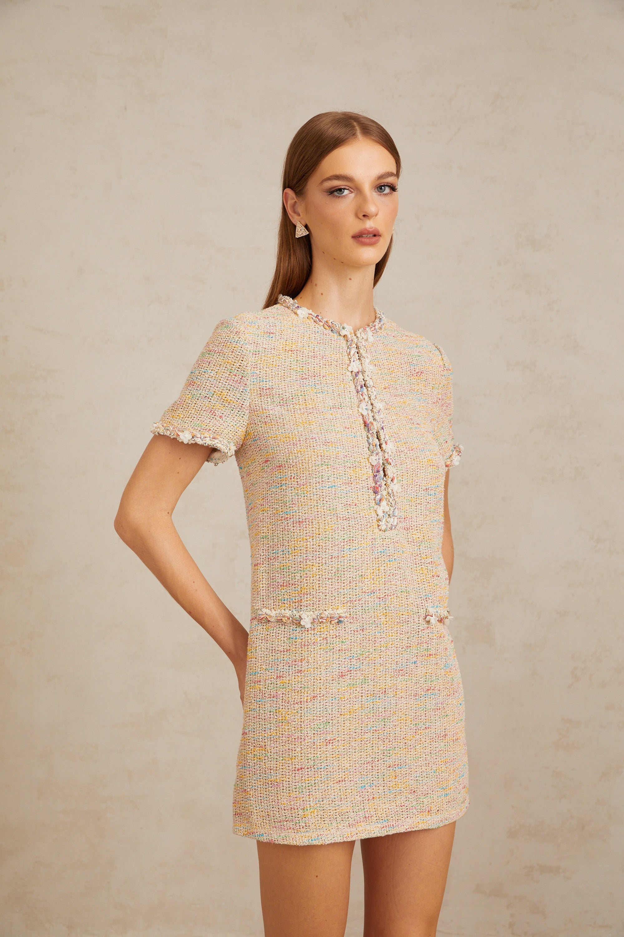 Mini-robe en maille crochetée ornée Palme Neutral (Vente définitive)