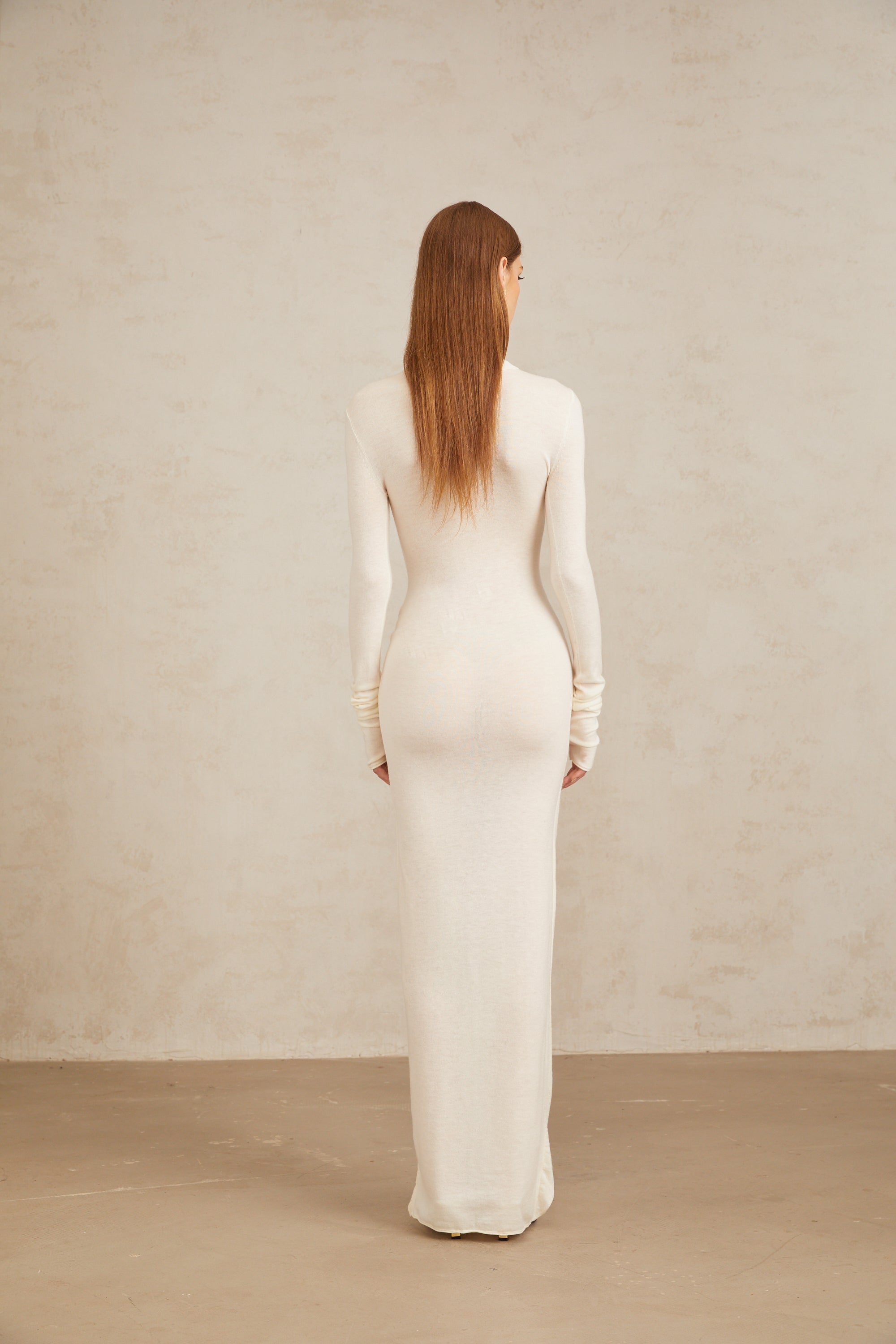 Impériale White Ruched Turtleneck Maxi Dress (Final Sale)