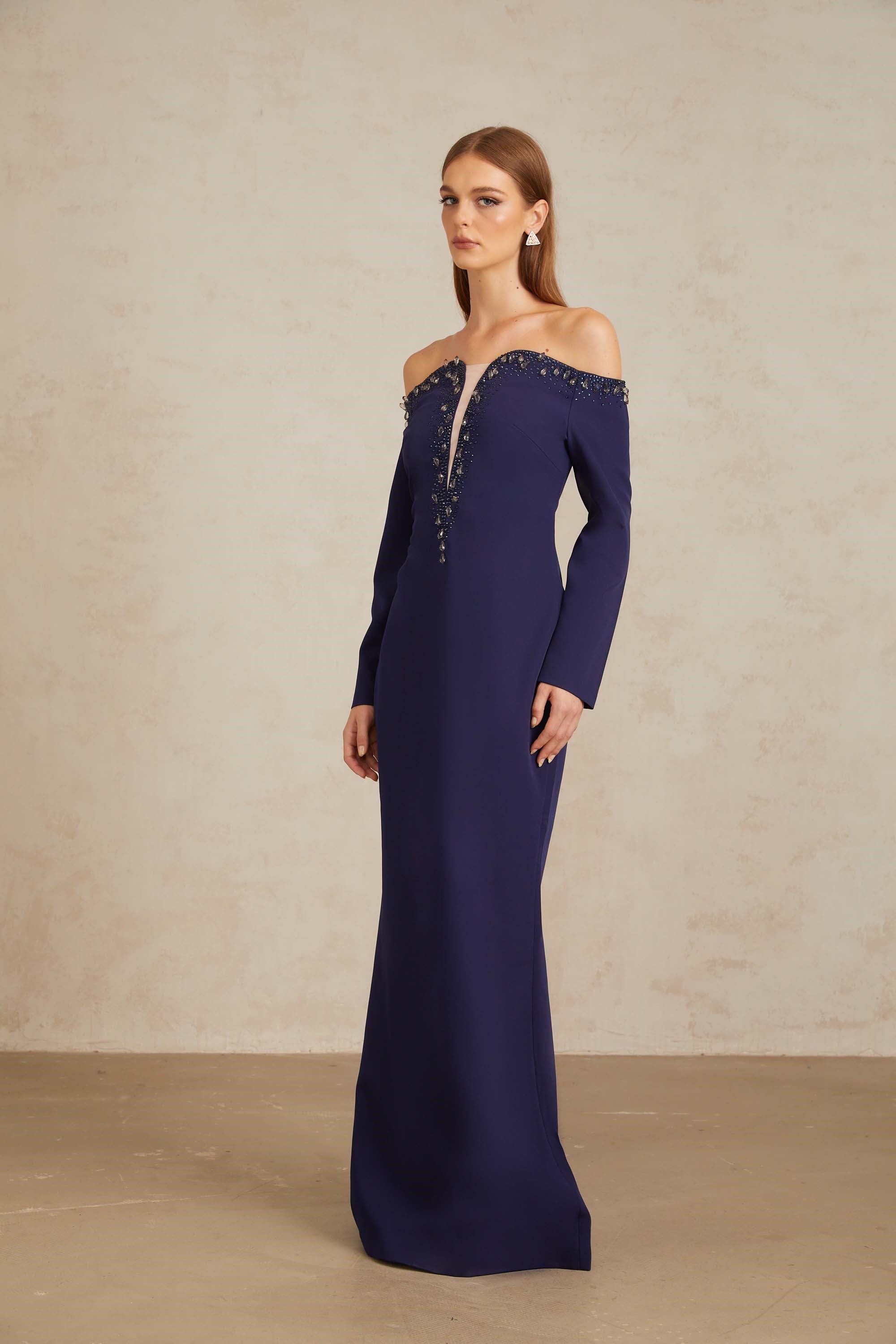 Joyanna Blue Off-Shoulder Embellished Gown (Final Sale-US Only)