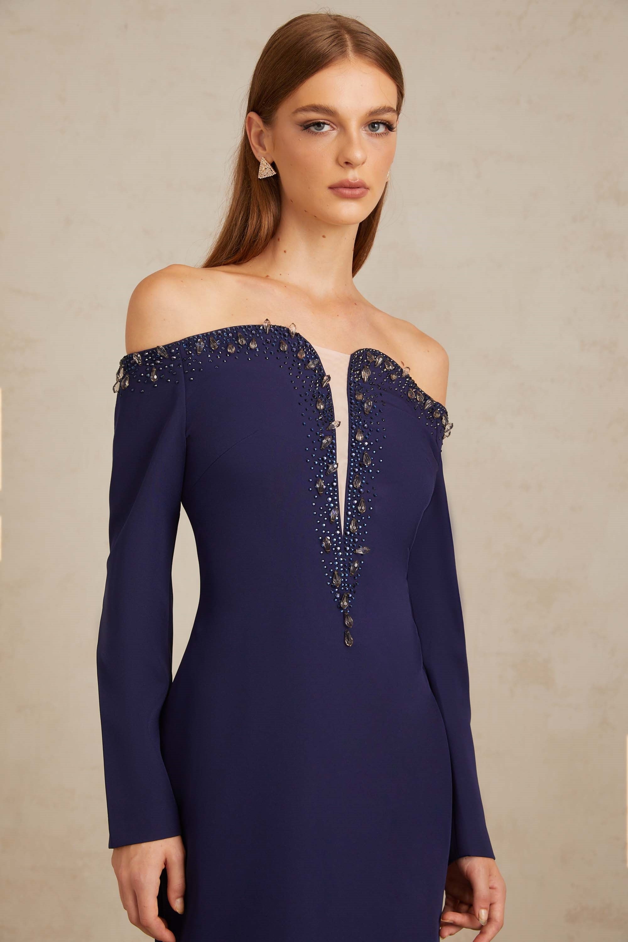 Joyanna Blue Off-Shoulder Embellished Gown (Final Sale-US Only)