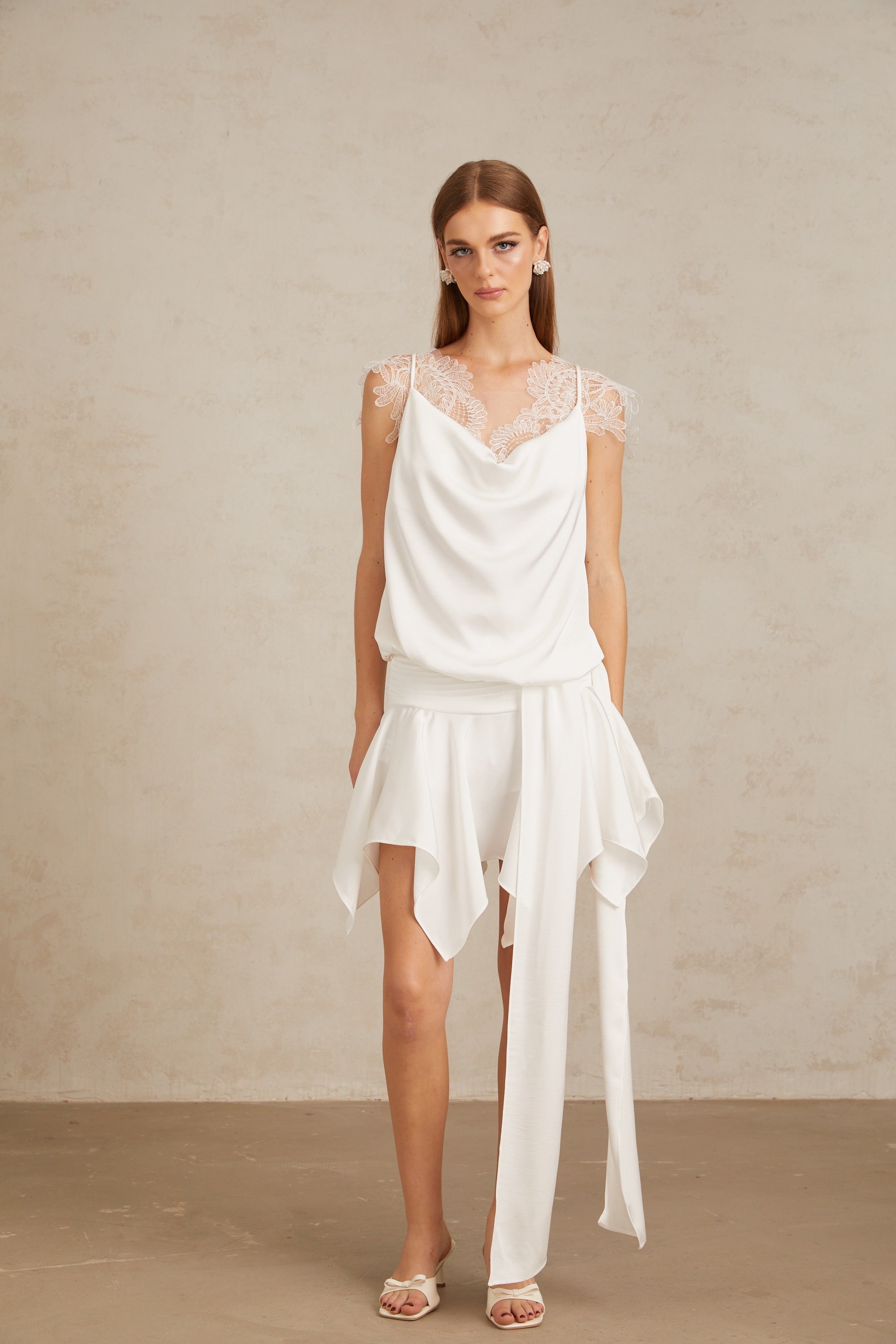 Thérèse White Draped Lace Panel Mini Dress (Final Sale-US Only)