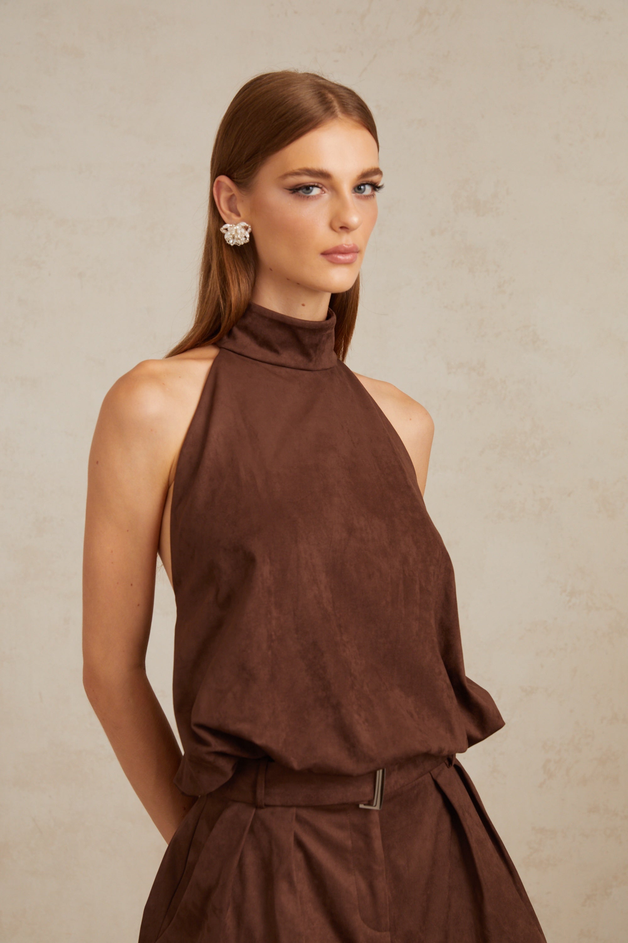Chaney Brown Suede Bubble Hem Top & Shorts Set (Final Sale)