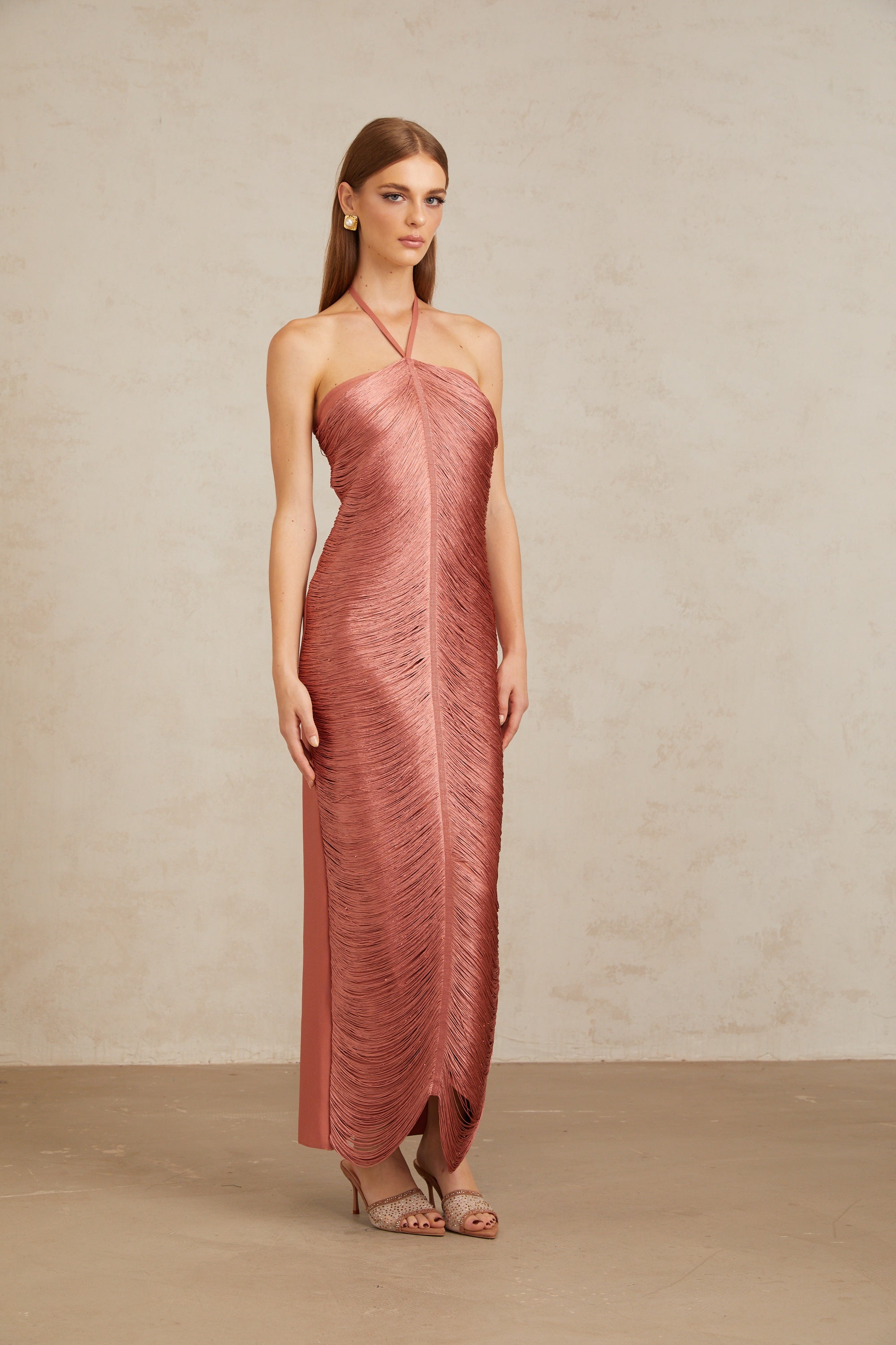 Polliana Pink Fringed Corset Maxi Gown (Final Sale-US Only)