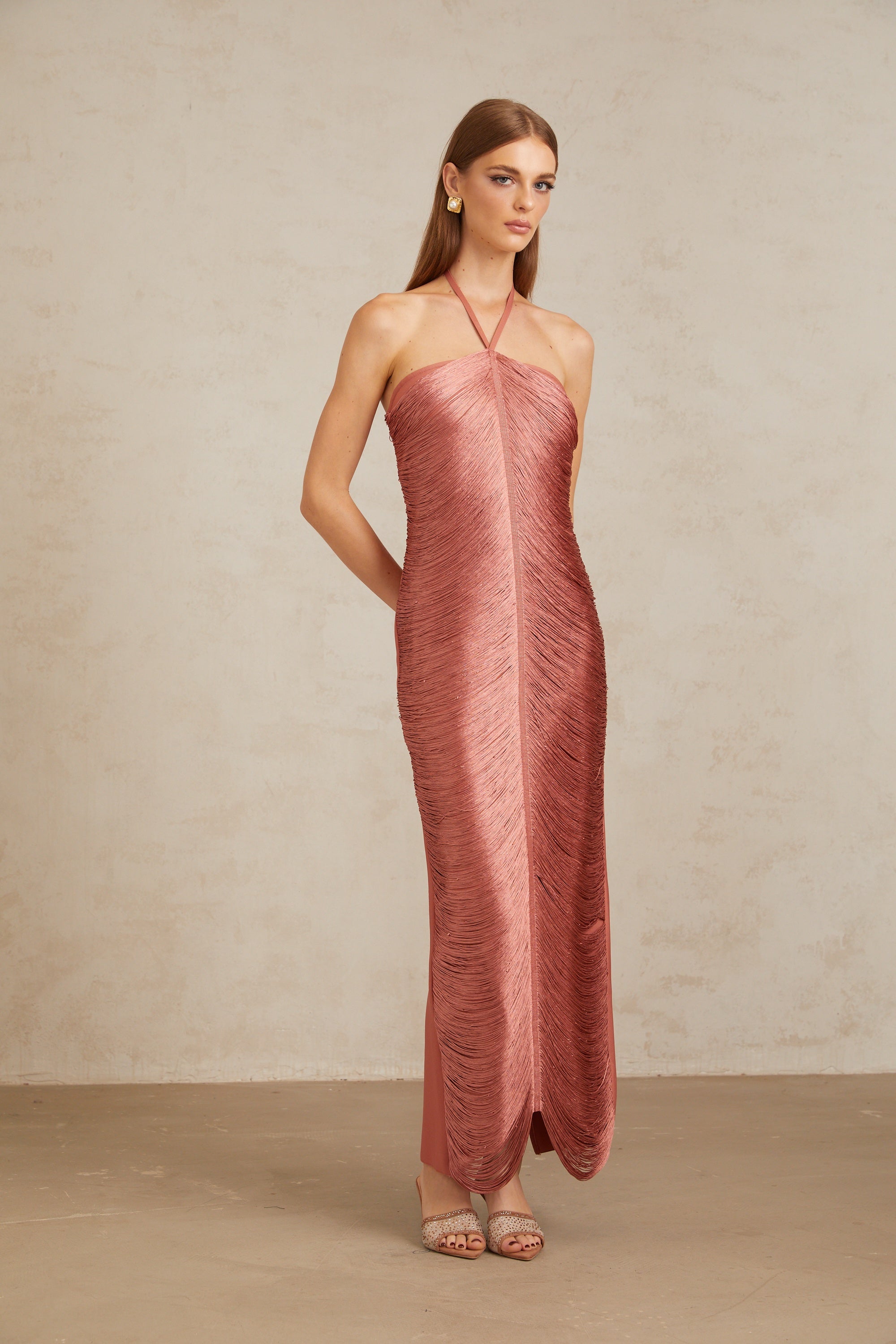 Polliana Pink Fringed Corset Maxi Gown (Final Sale-US Only)