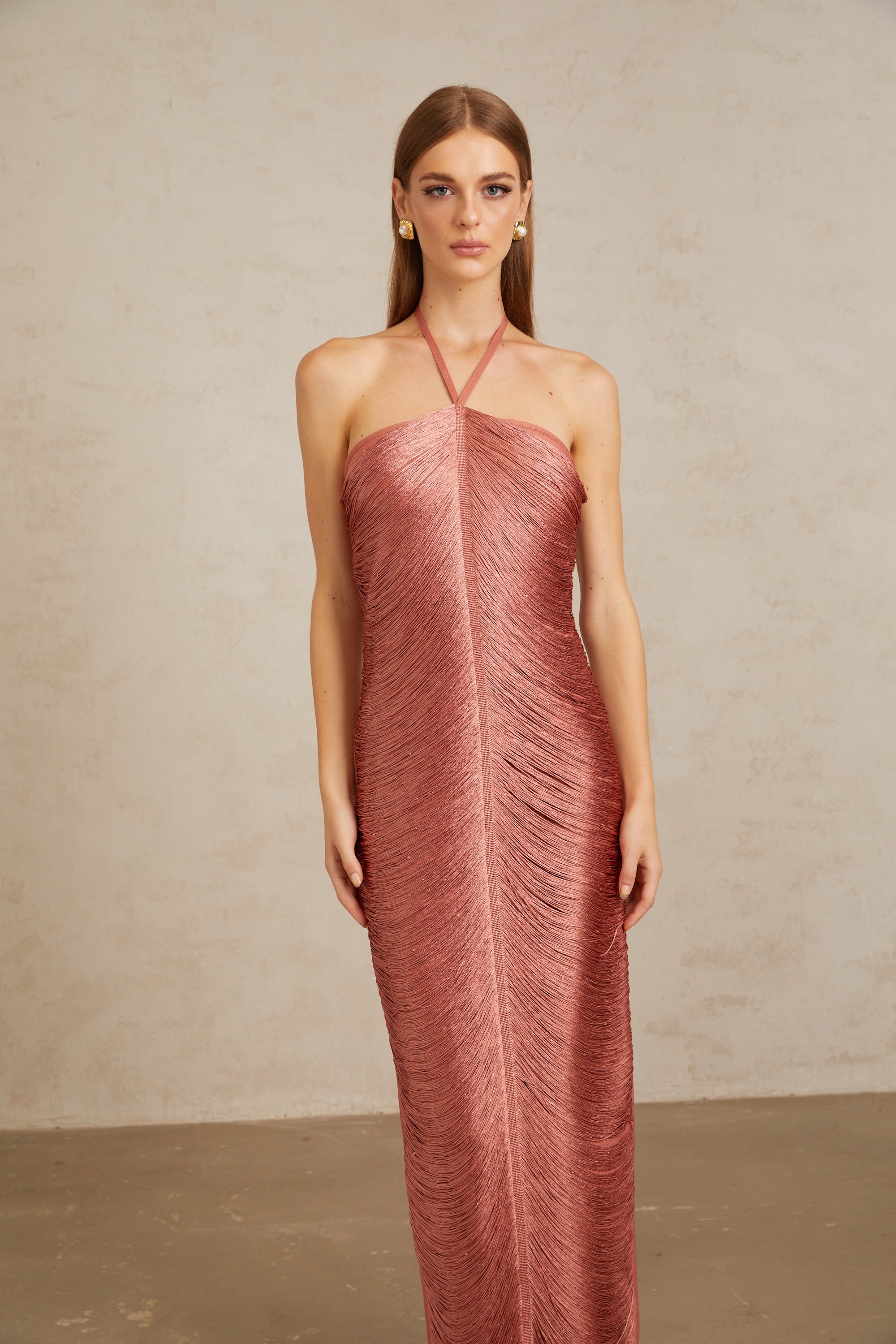 Polliana Pink Fringed Corset Maxi Gown (Final Sale-US Only)