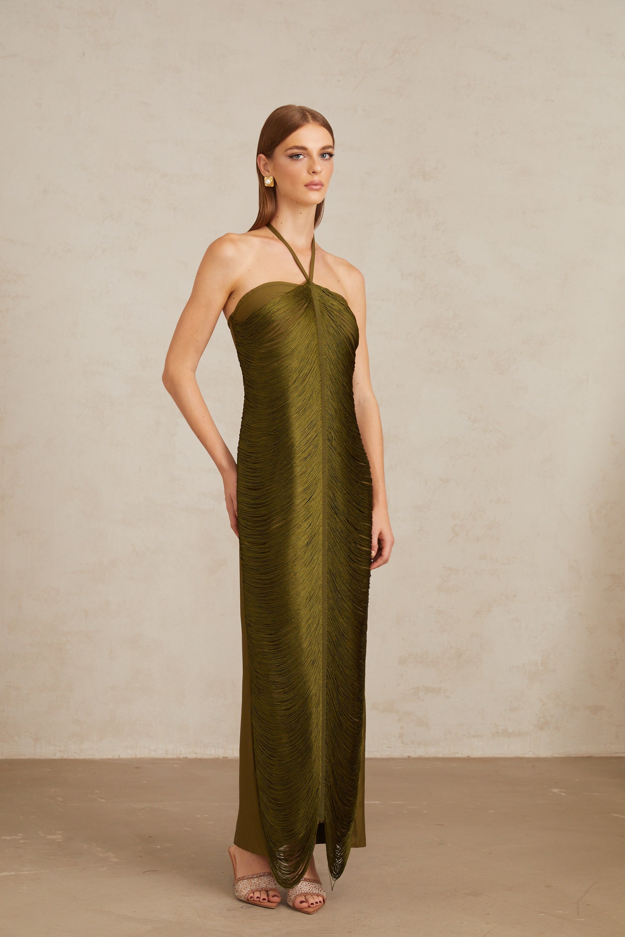 Polliana Olive Green Fringed Corset Maxi Gown (Final Sale-US Only)