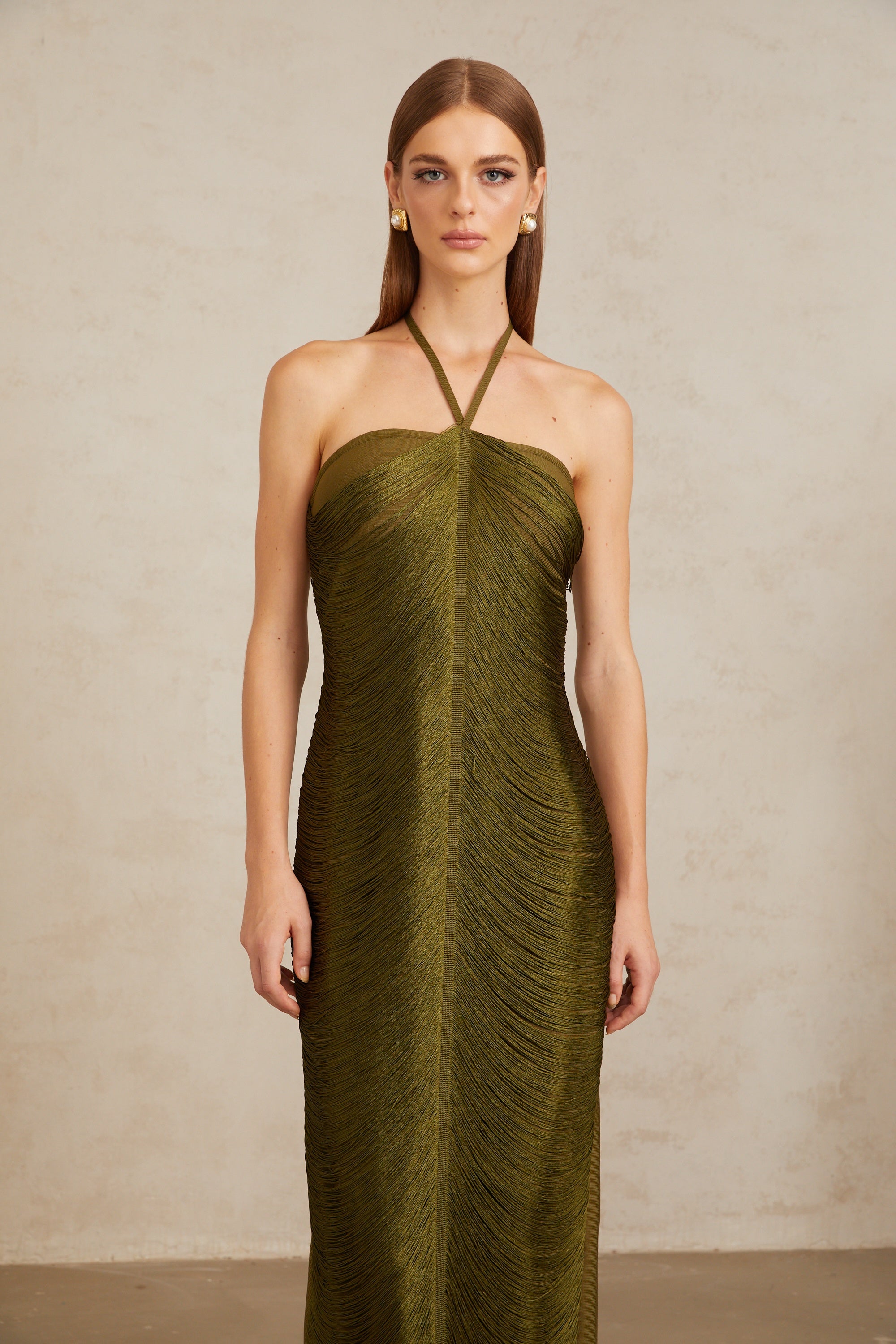 Polliana Olive Green Fringed Corset Maxi Gown (Final Sale-US Only)