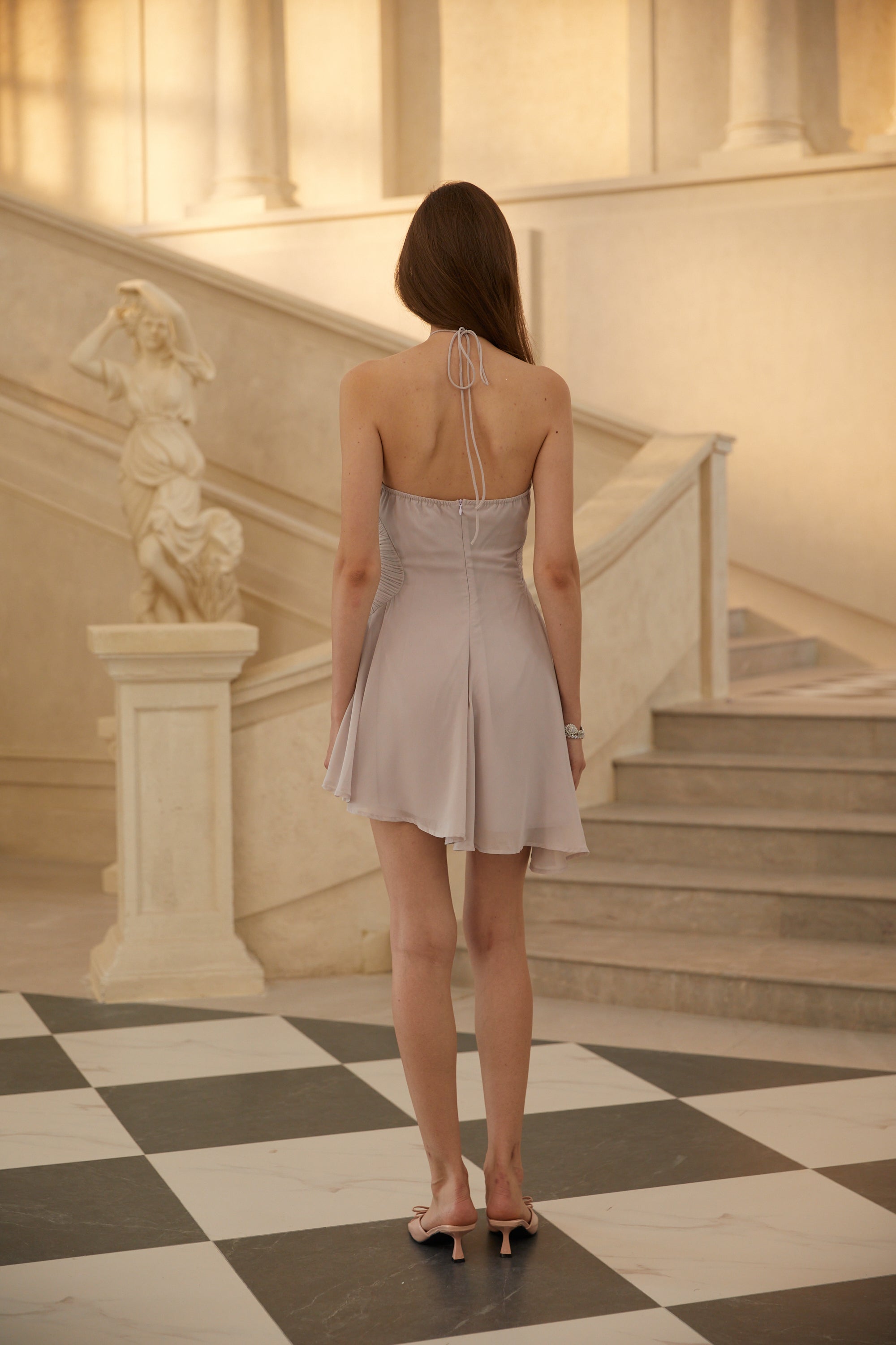 Mauve pleated halter mini dress with ruffles