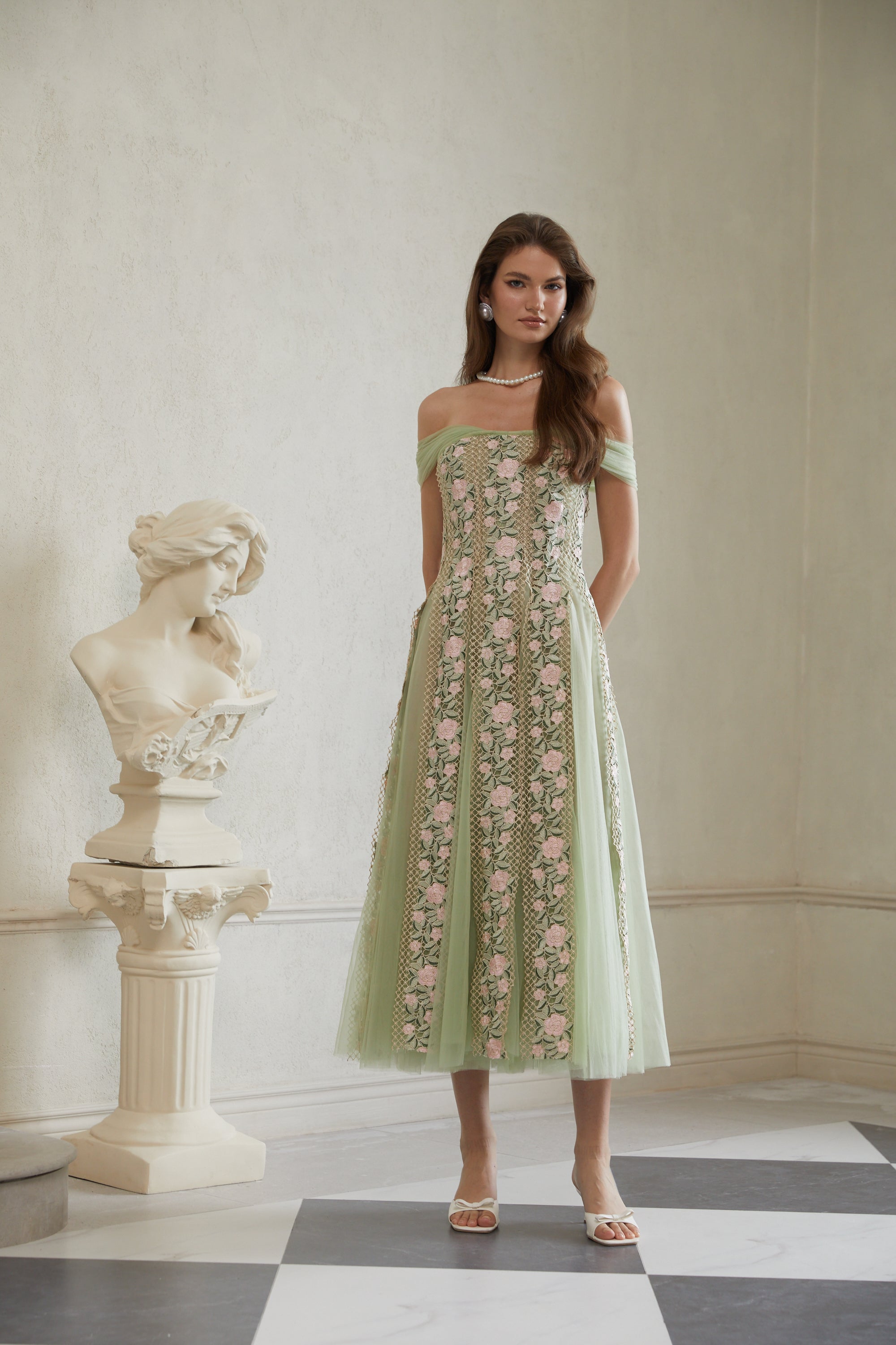 Eleni Green Tulle Panel Floral Midi Dress (Final Sale-US Only)