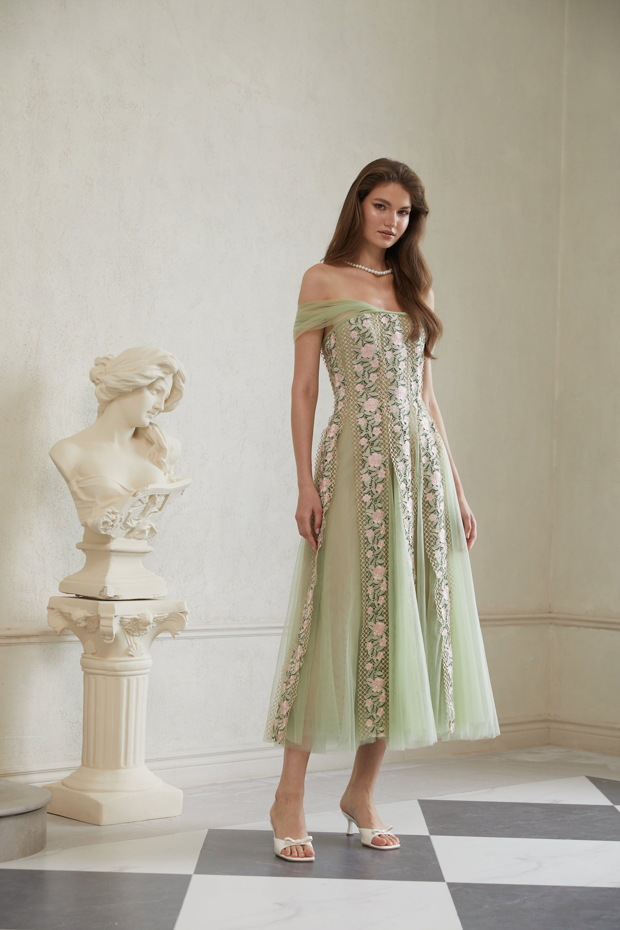 Eleni Green Tulle Panel Floral Midi Dress (Final Sale-US Only)