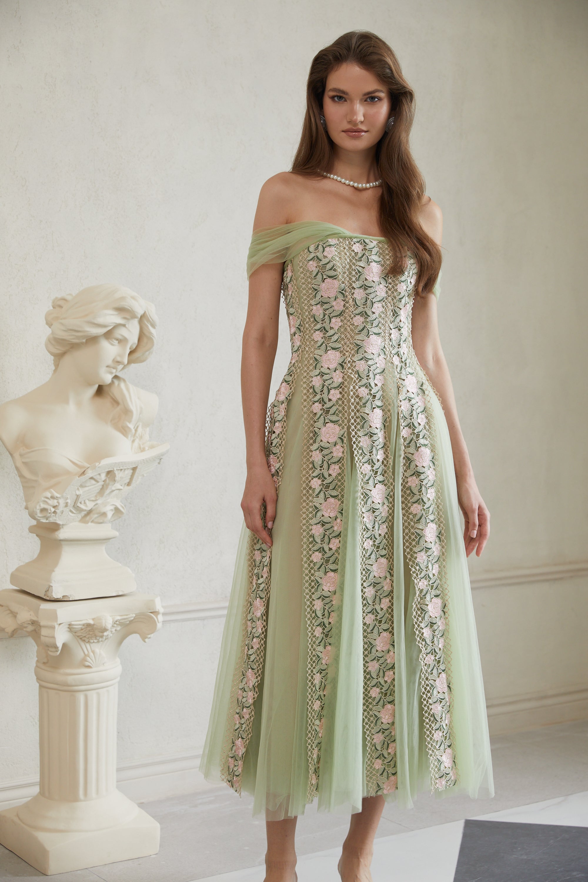 Eleni Green Tulle Panel Floral Midi Dress (Final Sale-US Only)