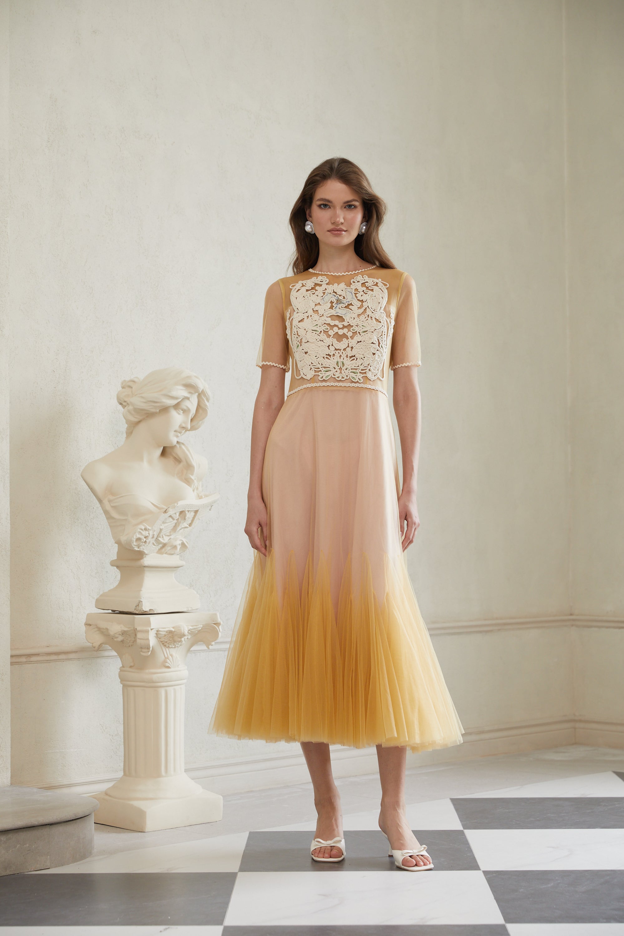 Despoina Yellow Floral Braided Tulle Midi Dress (Final Sale-US Only)