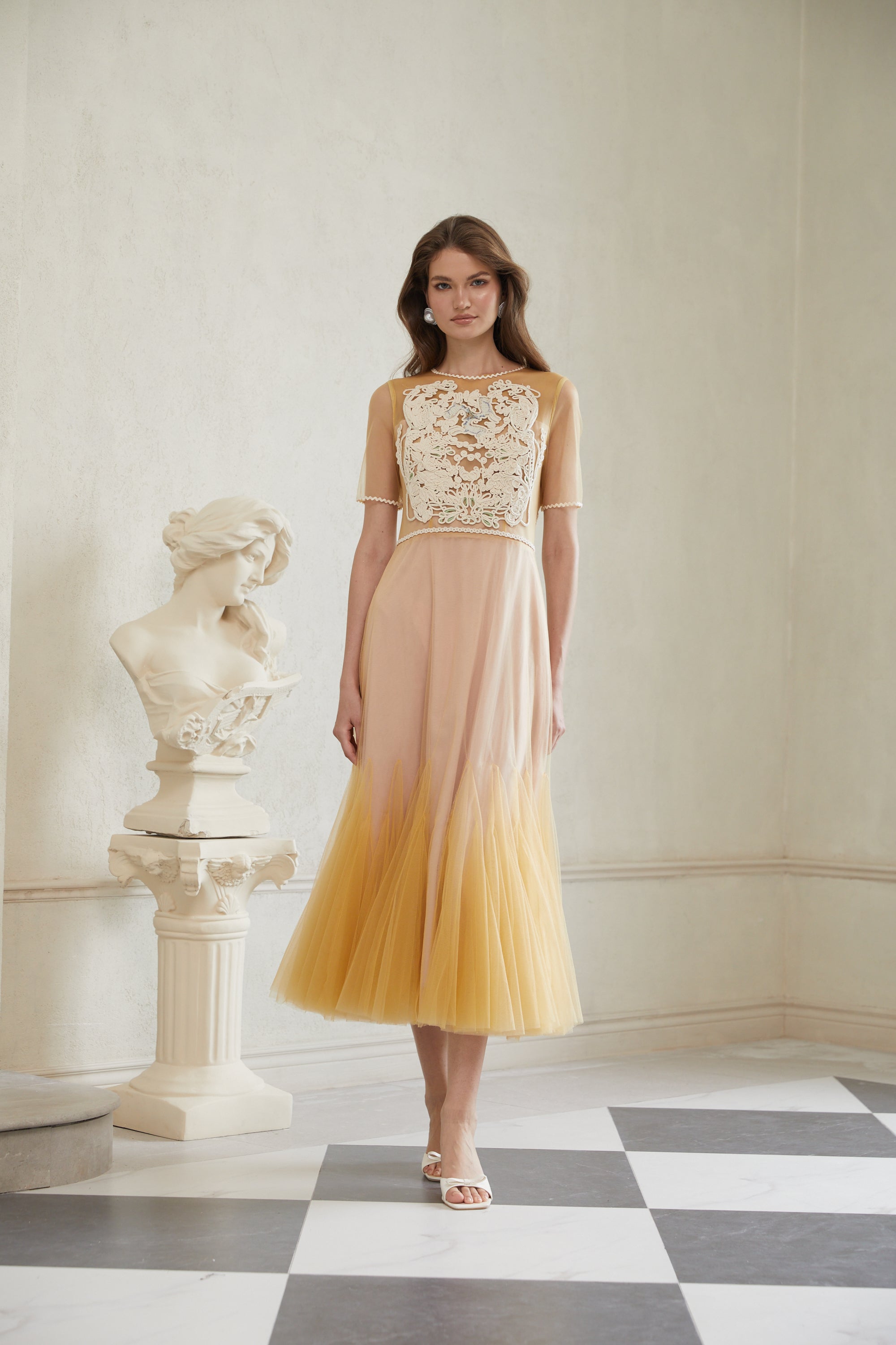 Despoina Yellow Floral Braided Tulle Midi Dress (Final Sale-US Only)