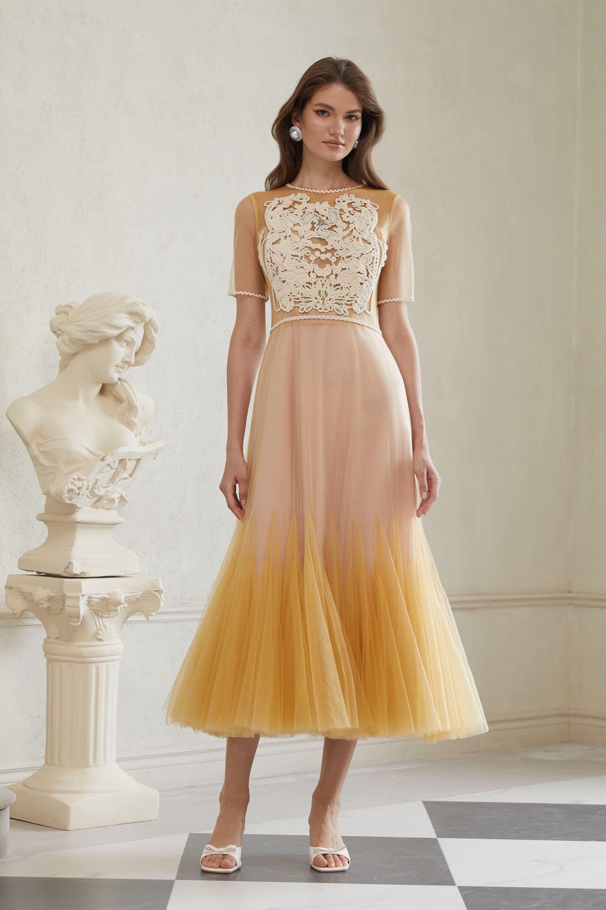 Despoina Yellow Floral Braided Tulle Midi Dress (Final Sale-US Only)