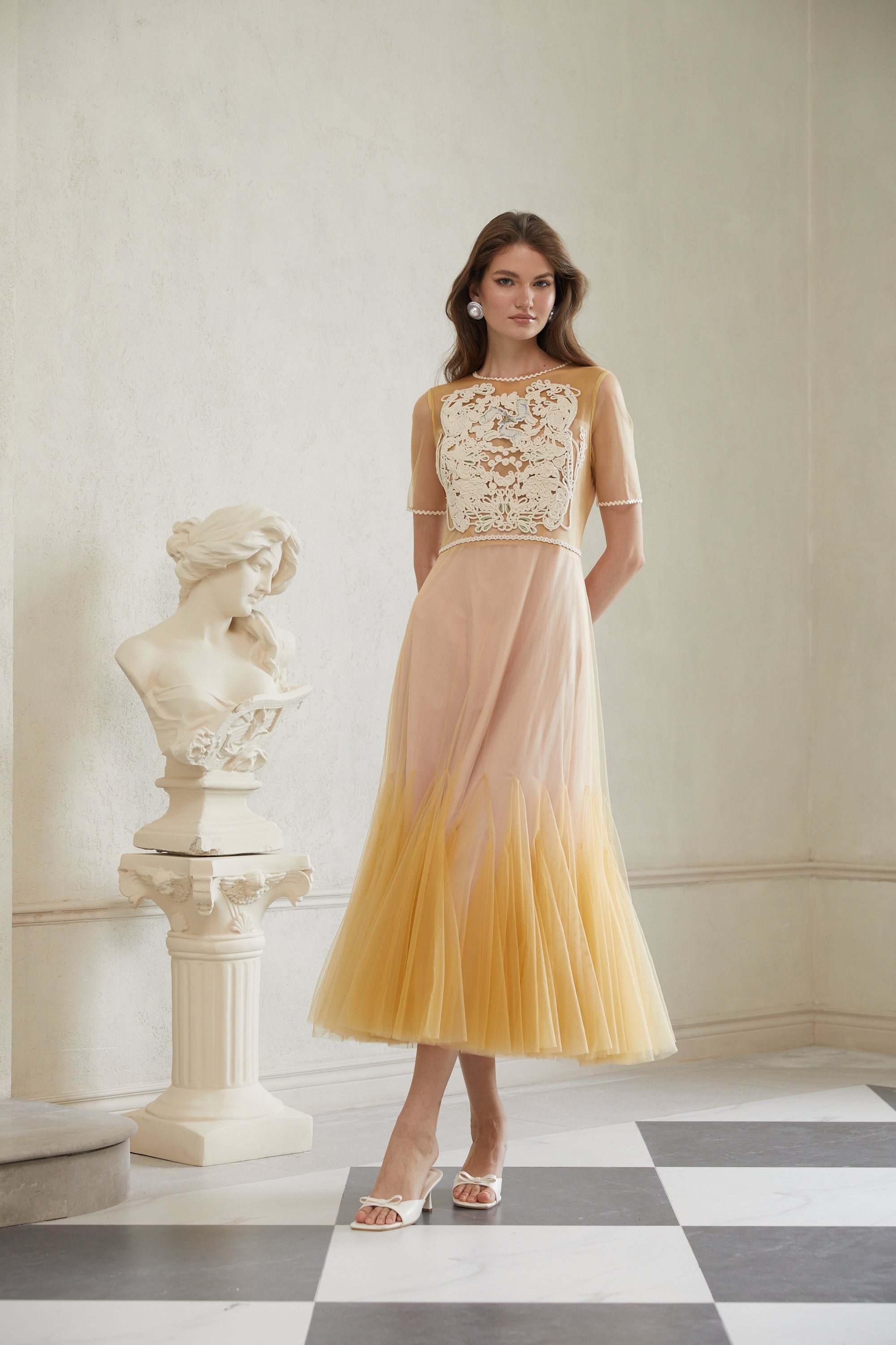 Despoina Yellow Floral Braided Tulle Midi Dress (Final Sale-US Only)