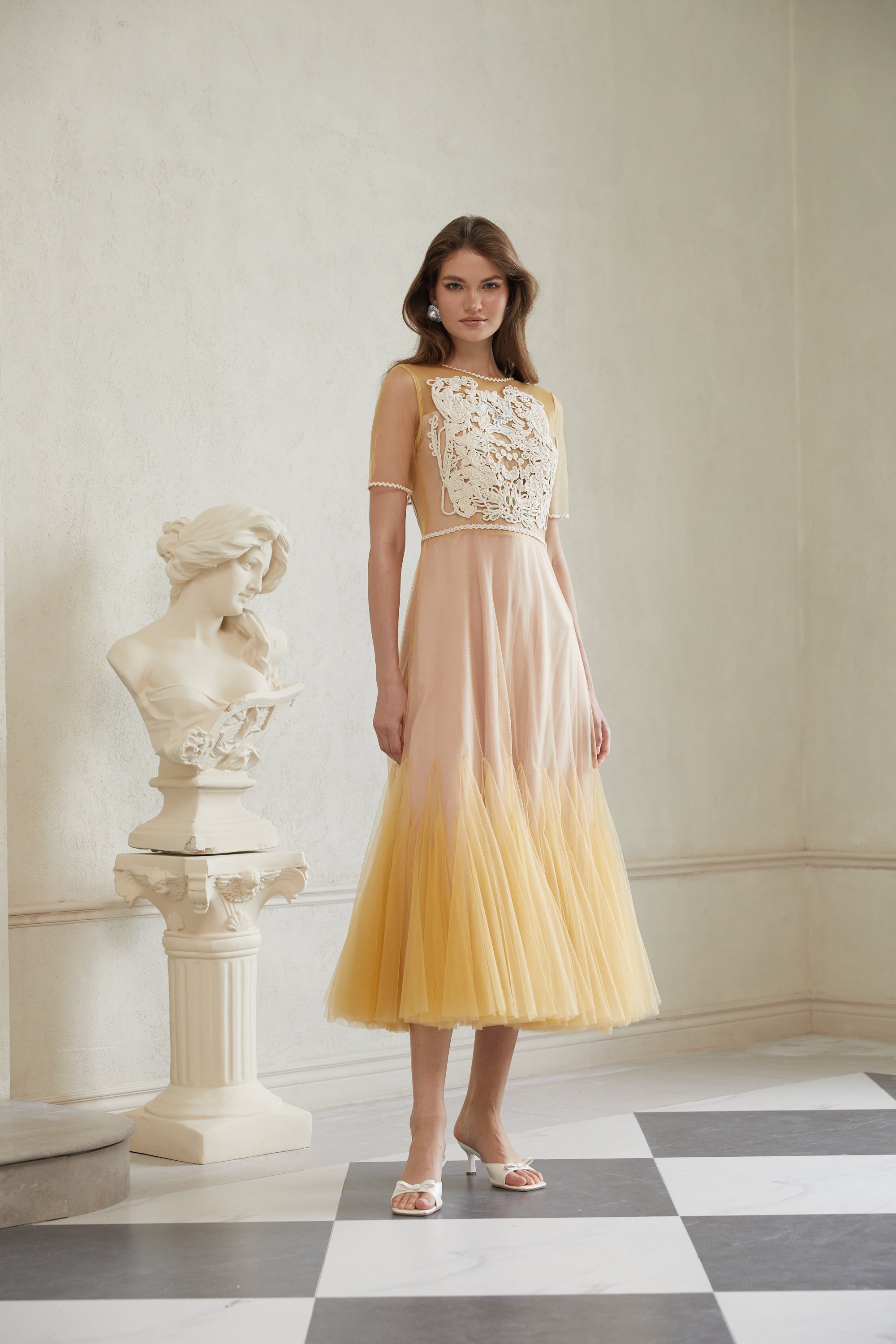 Despoina Yellow Floral Braided Tulle Midi Dress (Final Sale-US Only)