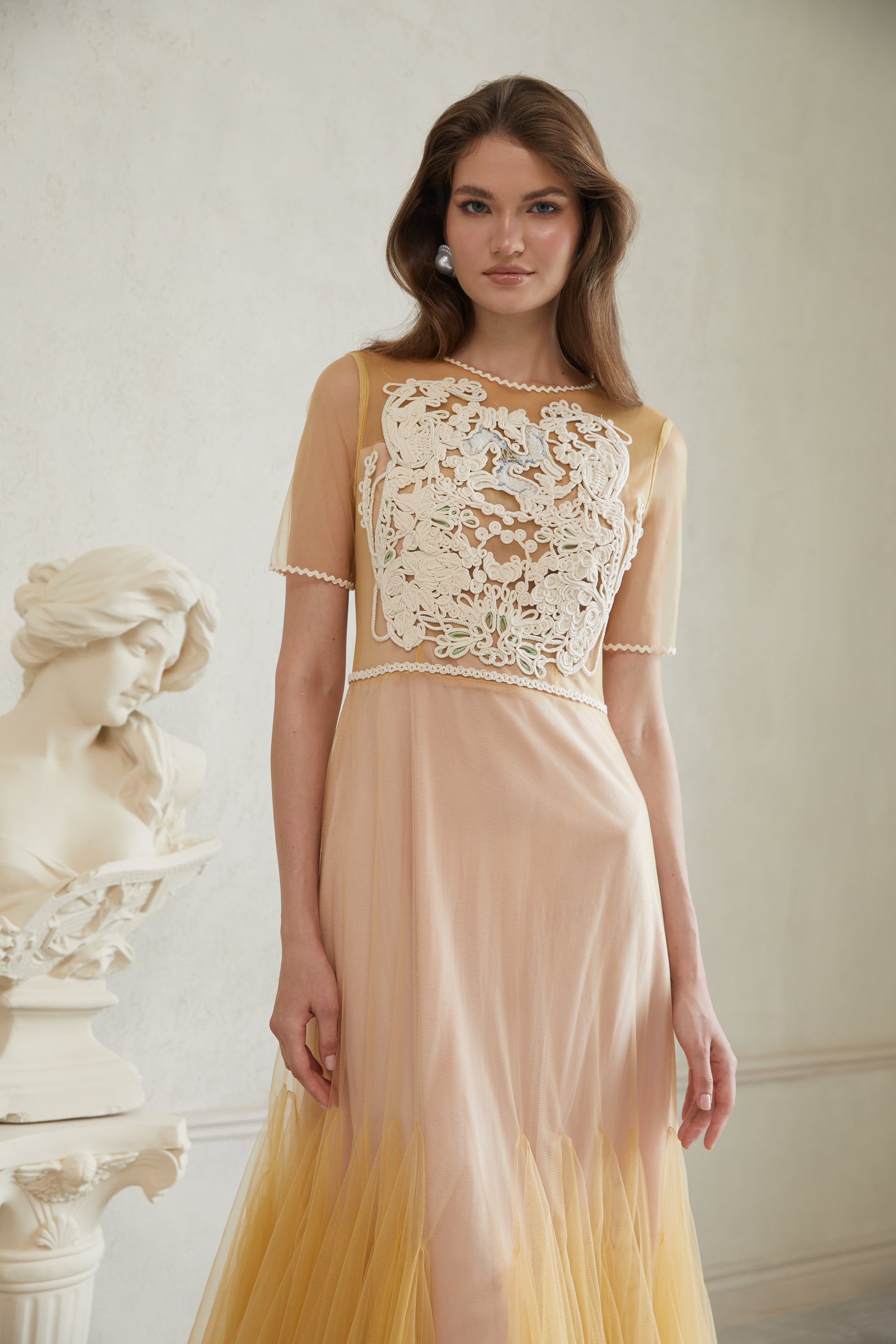 Despoina Yellow Floral Braided Tulle Midi Dress (Final Sale-US Only)