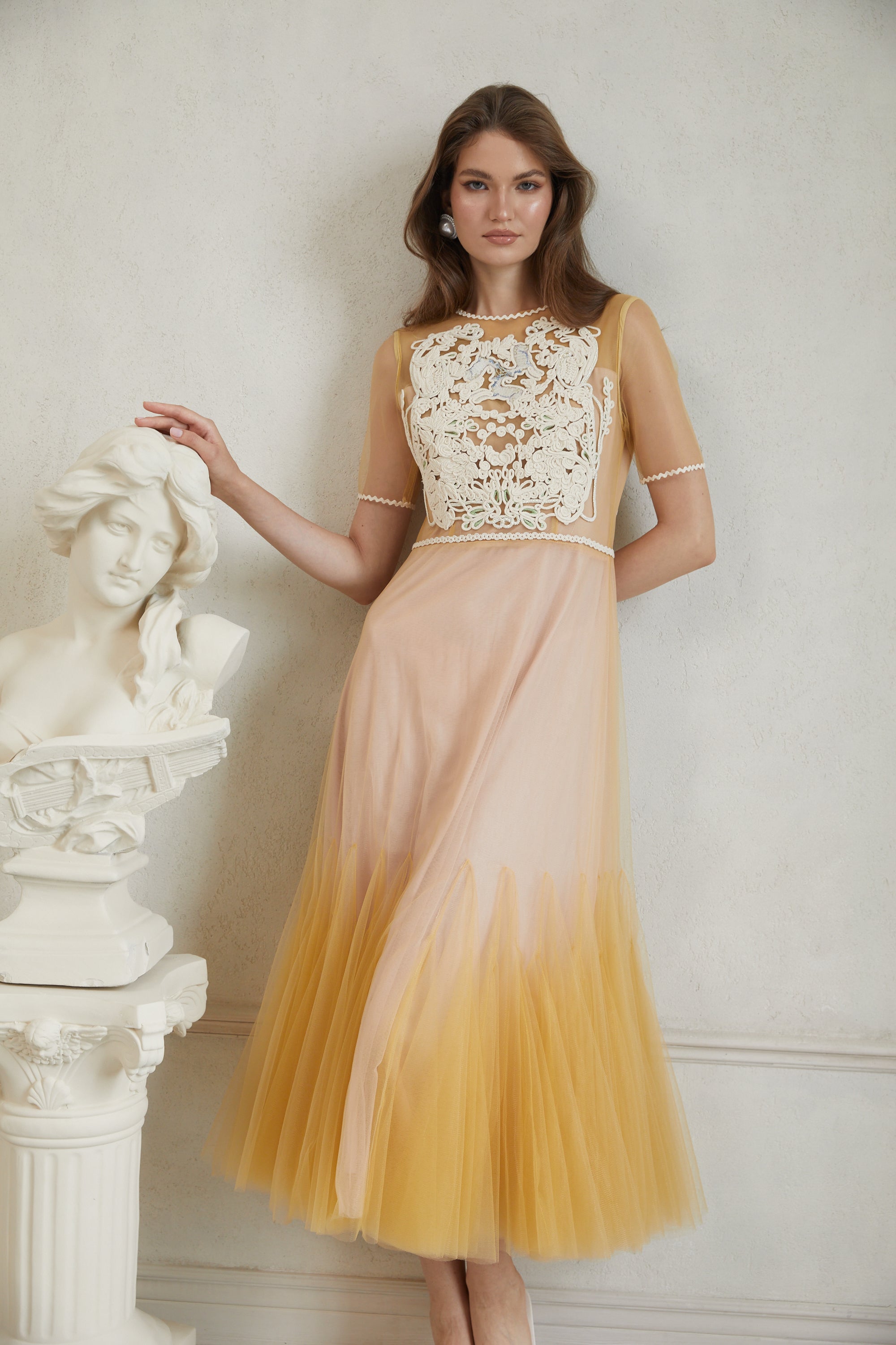 Despoina Yellow Floral Braided Tulle Midi Dress (Final Sale-US Only)