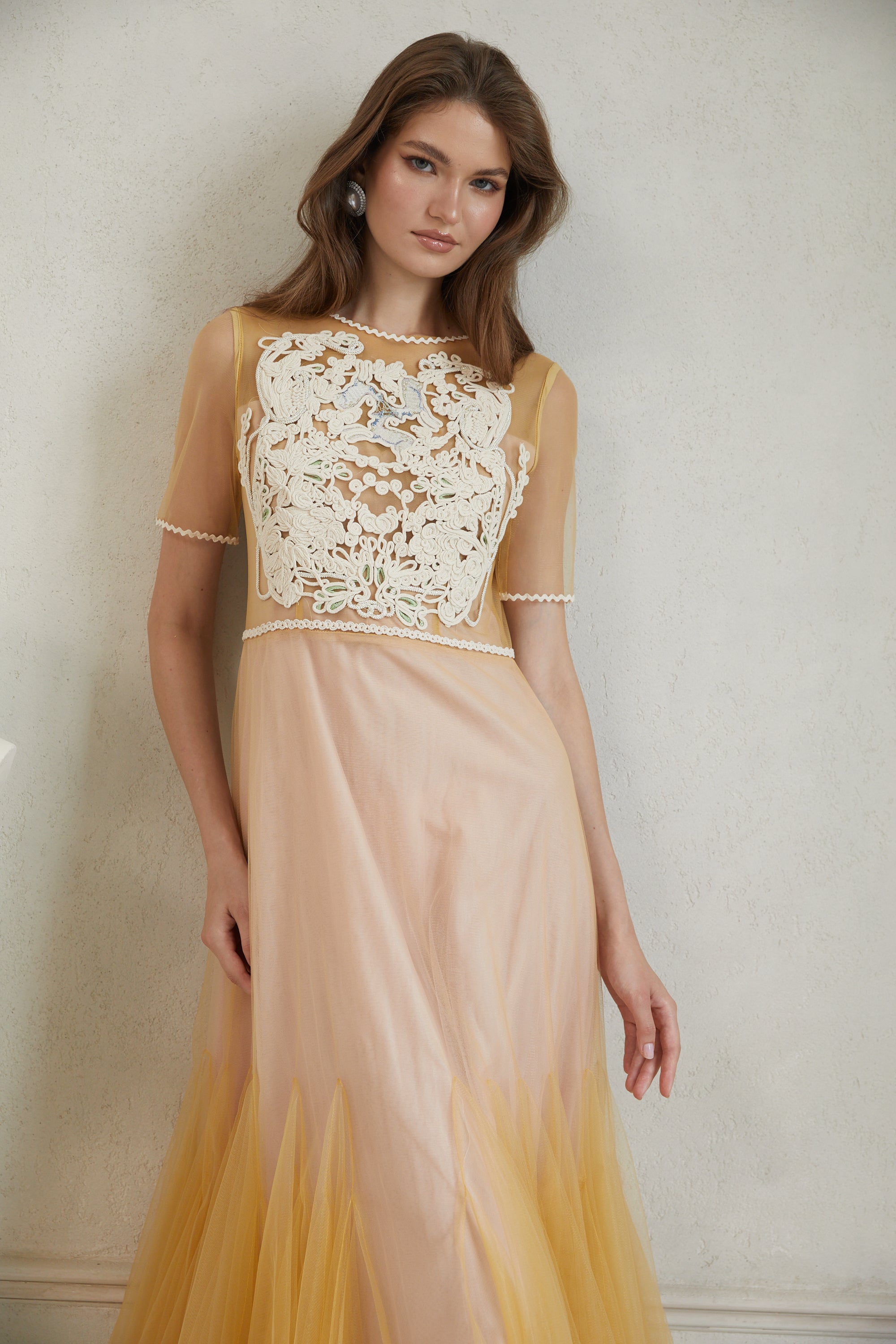 Despoina Yellow Floral Braided Tulle Midi Dress (Final Sale-US Only)