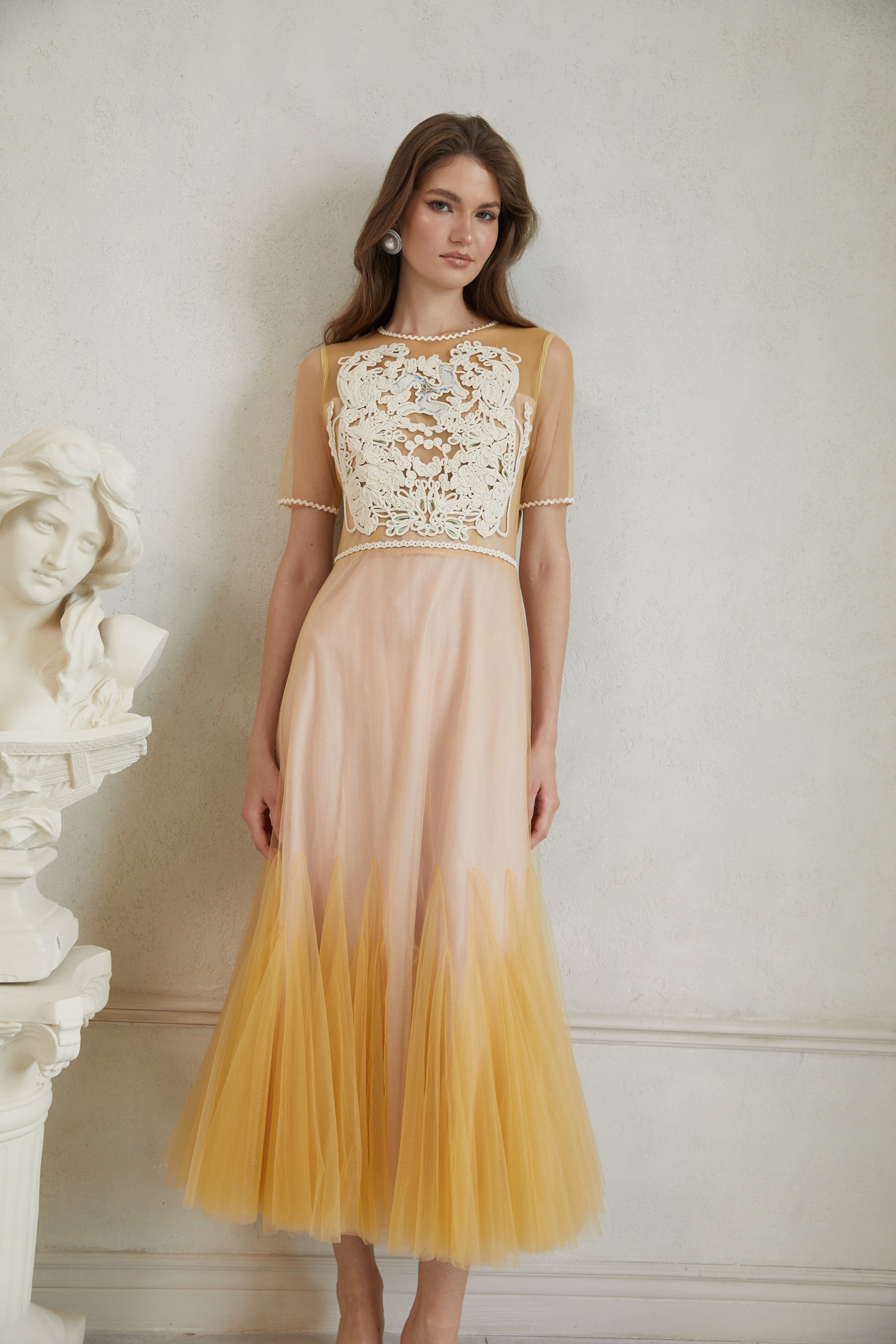 Despoina Yellow Floral Braided Tulle Midi Dress (Final Sale-US Only)