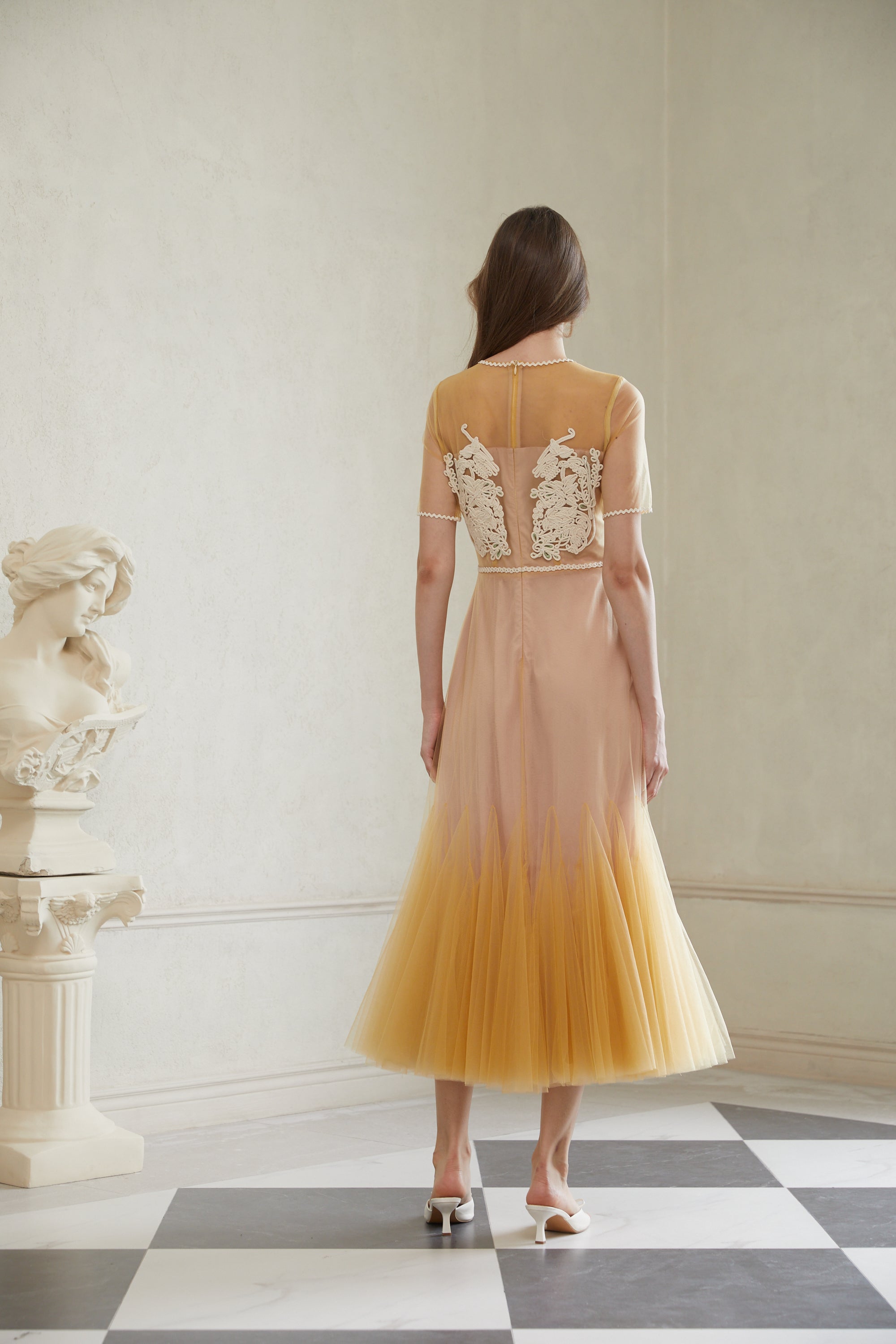 Despoina Yellow Floral Braided Tulle Midi Dress (Final Sale-US Only)