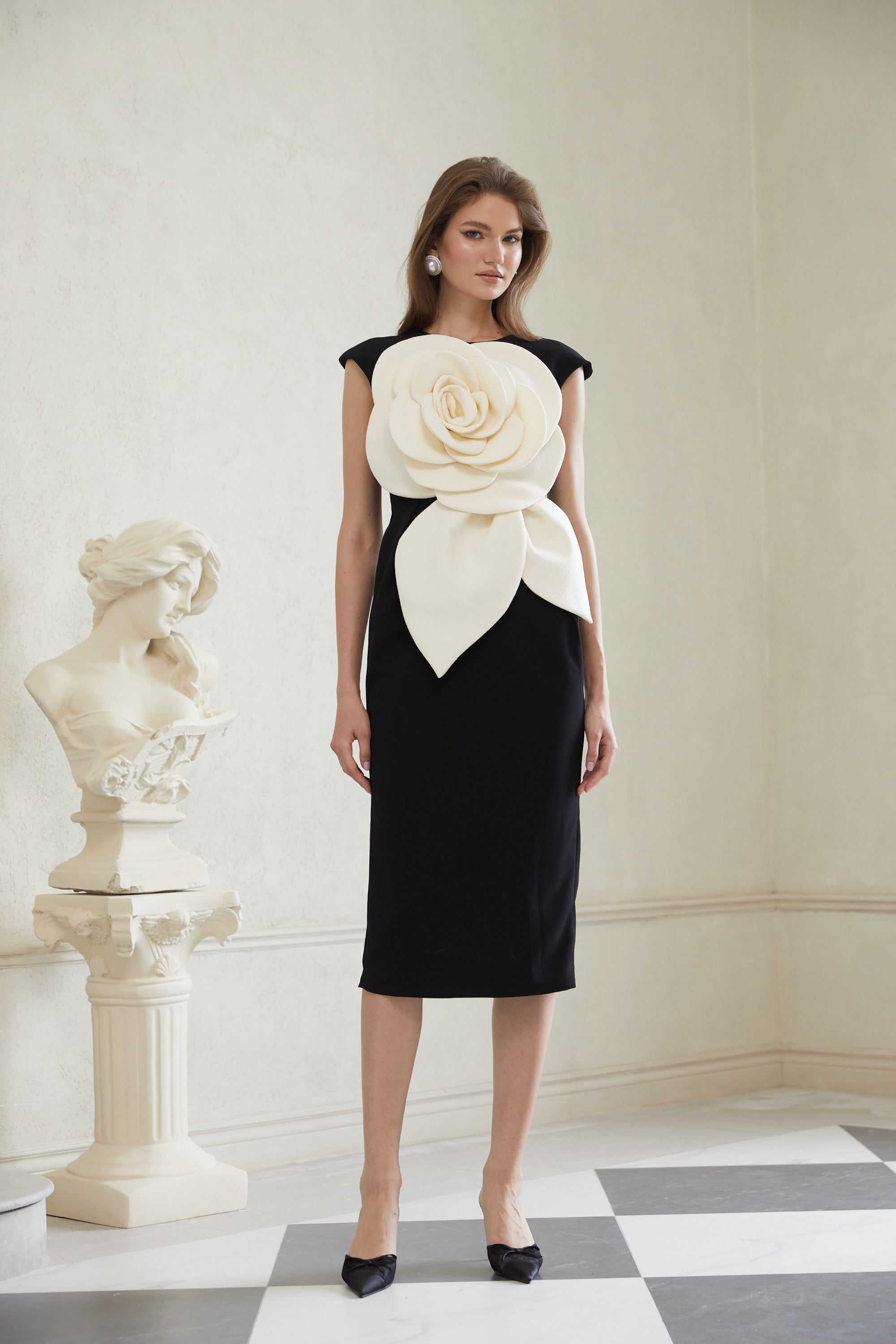 Aurélienne Black 3D Petal Pencil Midi Dress (Final Sale)