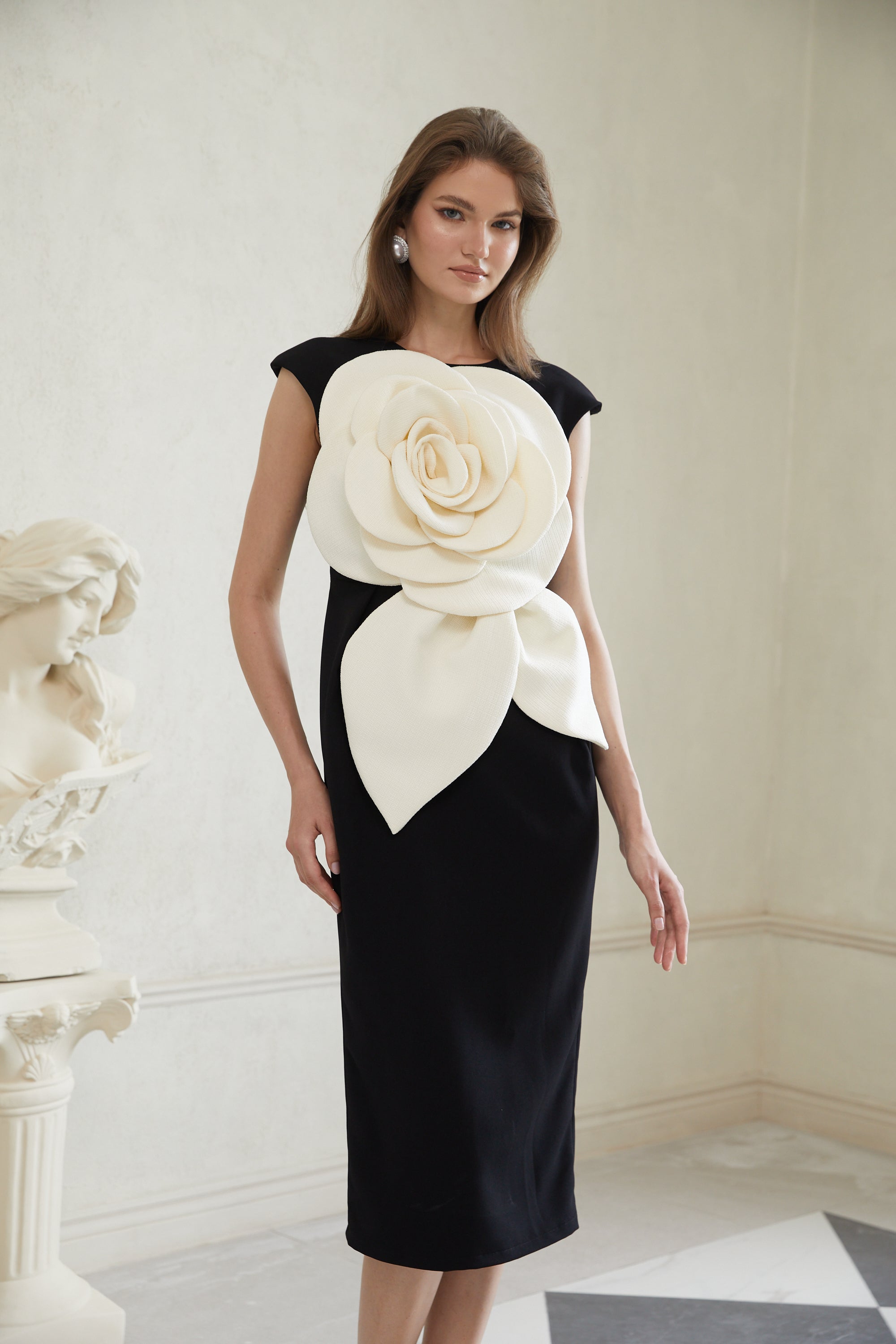 Aurélienne Black 3D Petal Pencil Midi Dress (Final Sale)