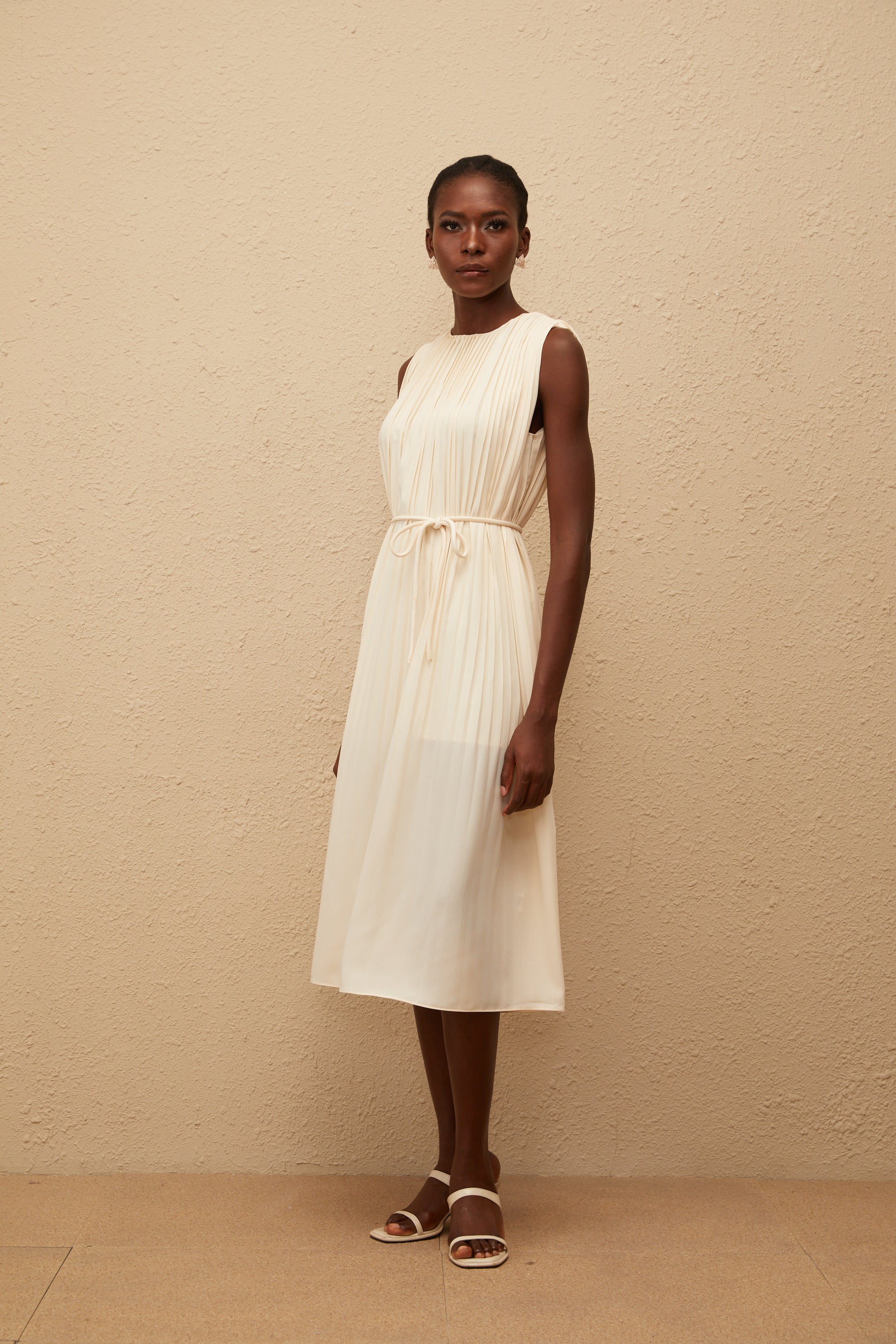 Célestine Neutral Sleeveless Pleated Midi Dress (Final Sale-US Only)