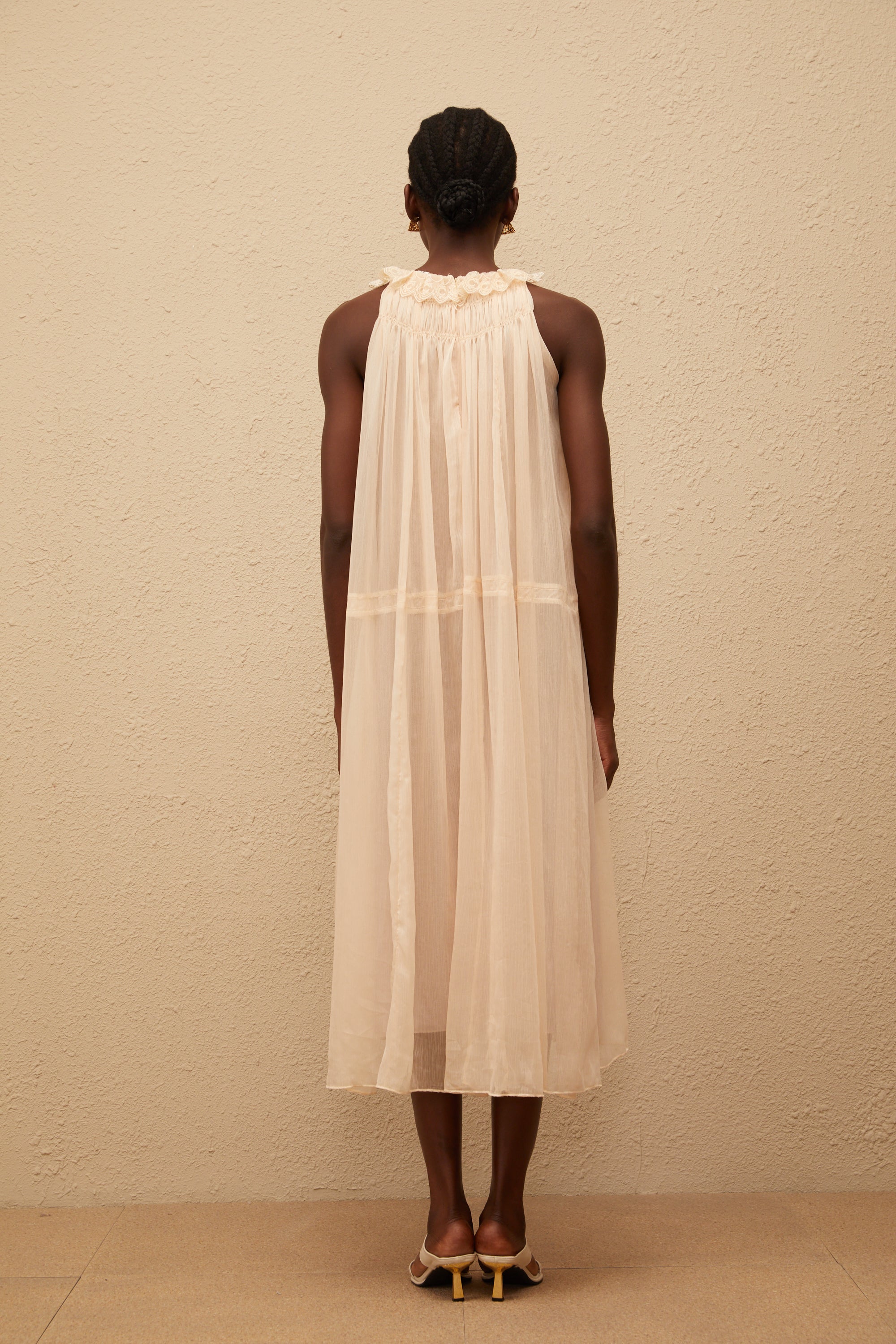 Orélie Neutral Pleated Chiffon Midi Dress (Final Sale-US Only)