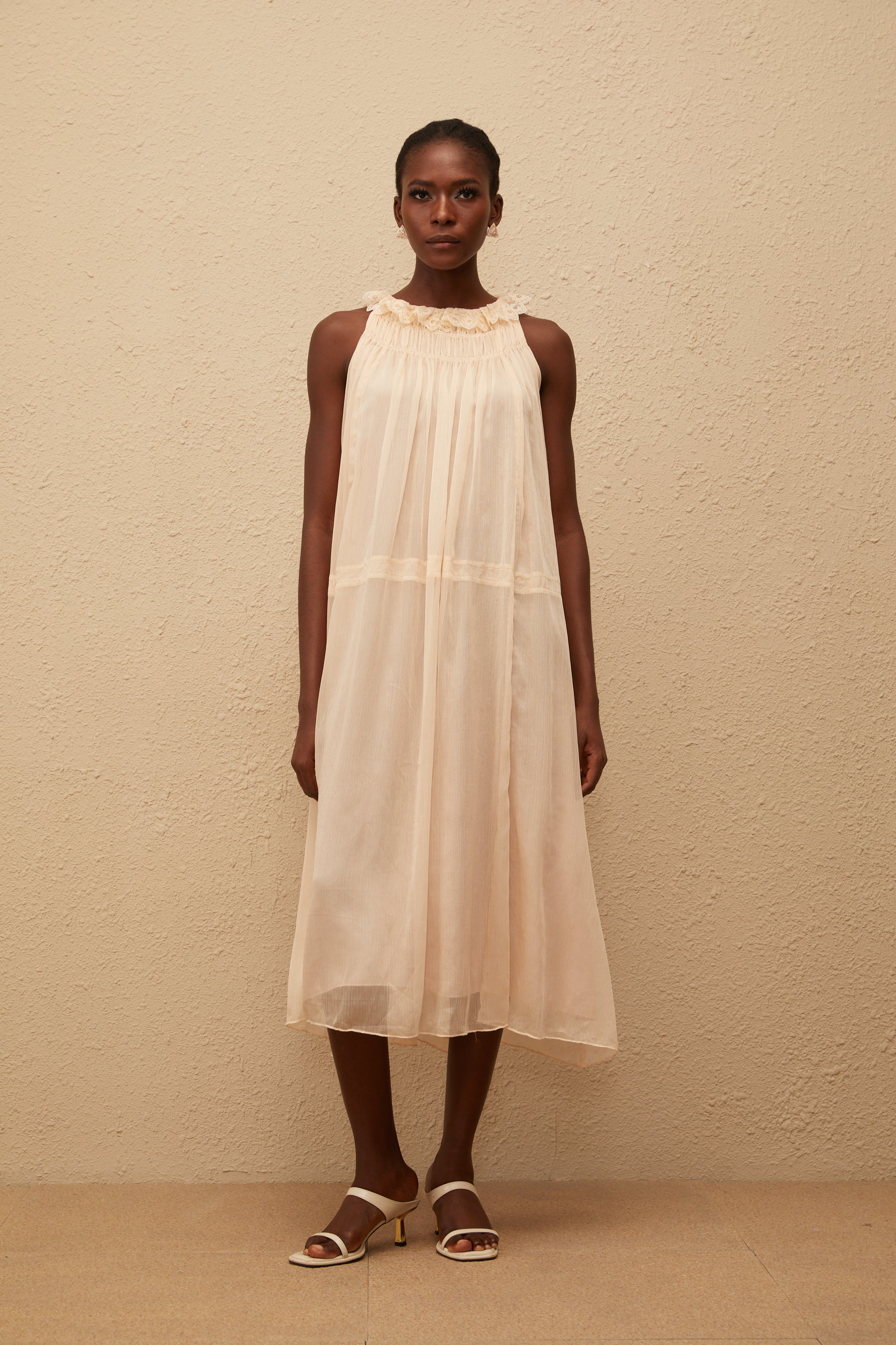 Orélie Neutral Pleated Chiffon Midi Dress (Final Sale-US Only)